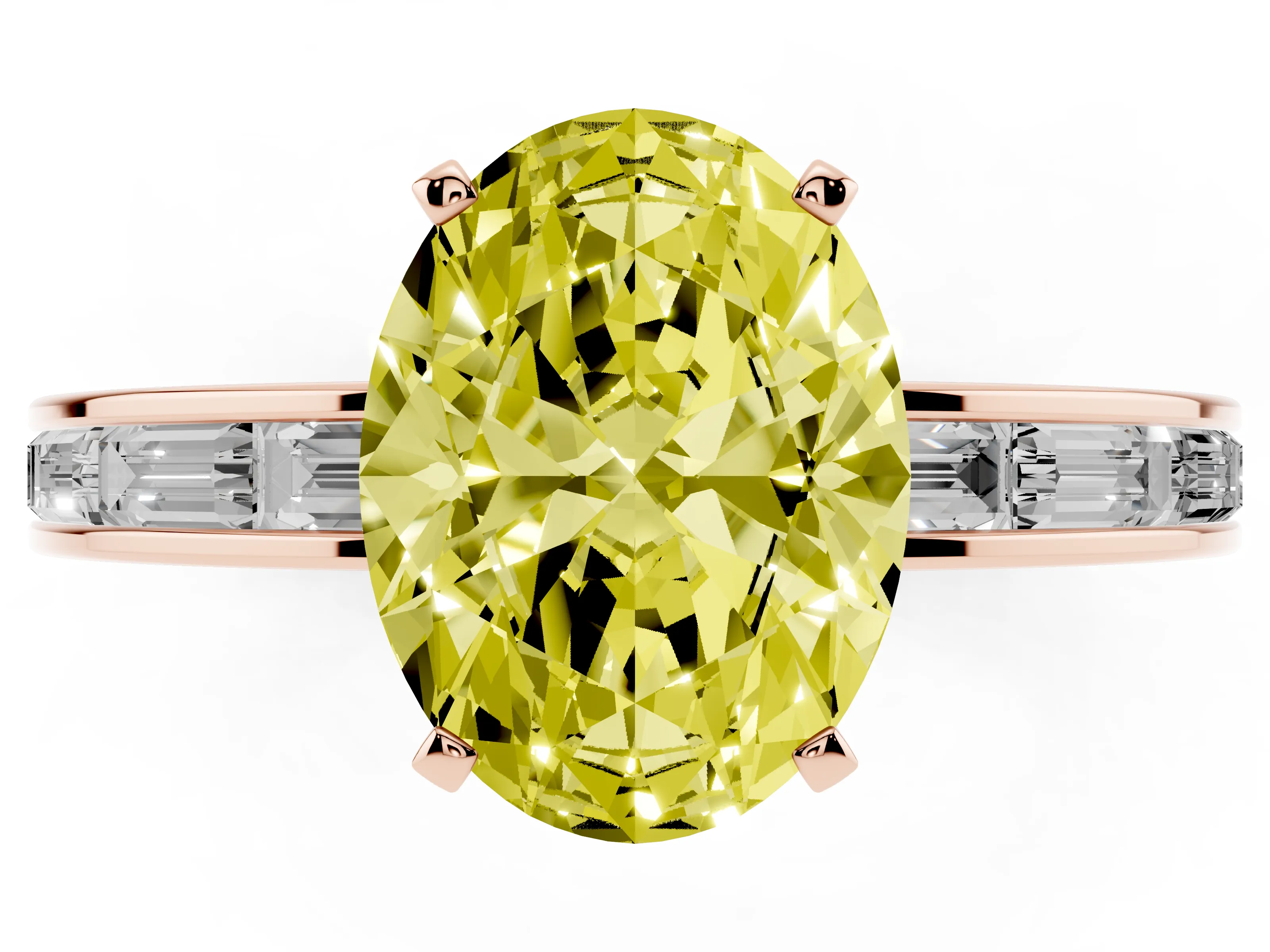 Fancy Yellow Oval Cut Diamond Solitaire Ring Set in Rose gold with Channel-Set Baguette Band and Prong Setting