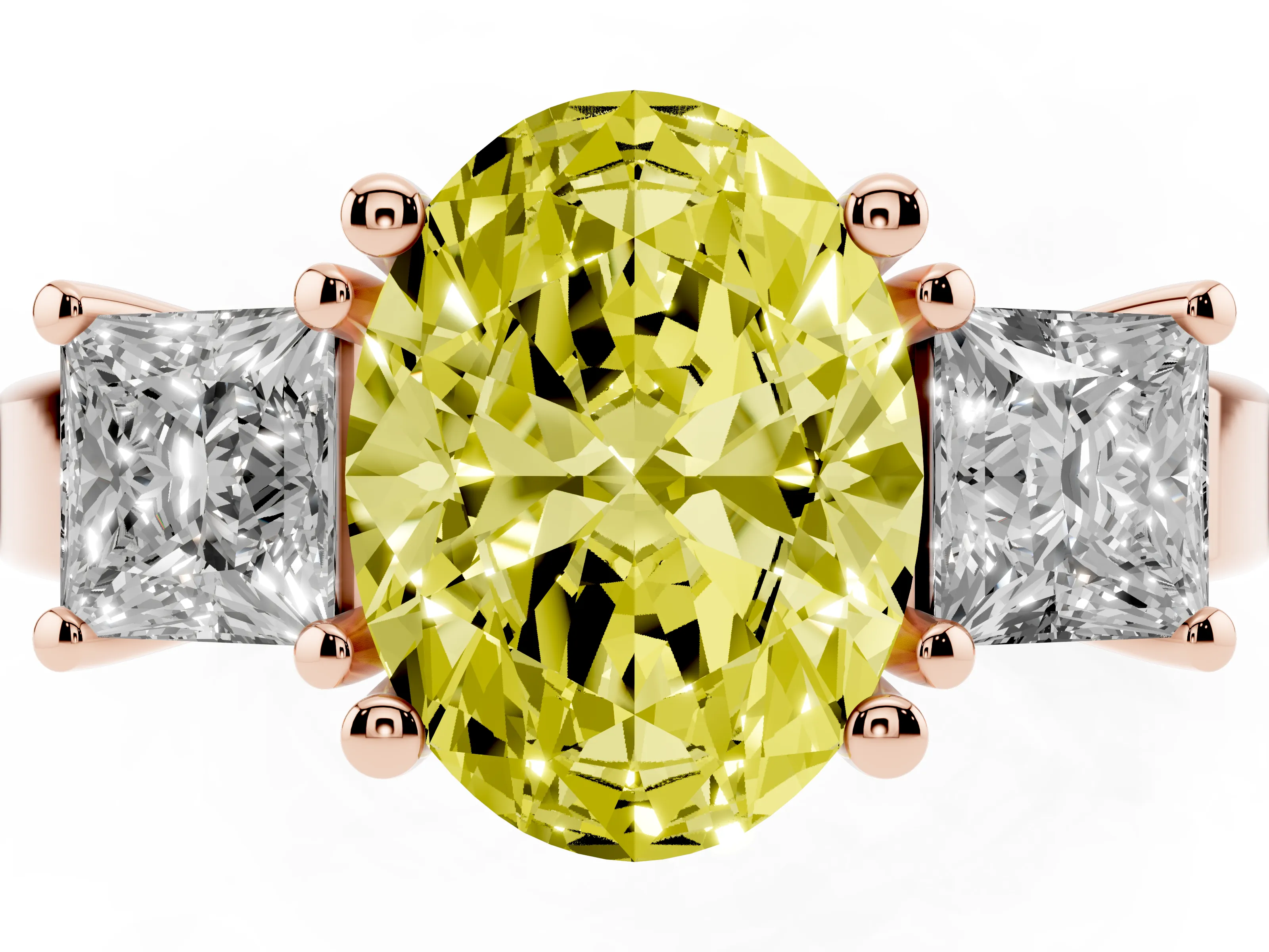 Fancy Yellow Three-Stone Oval Cut Diamond Solitaire Ring Set in Rose gold with Prong Setting