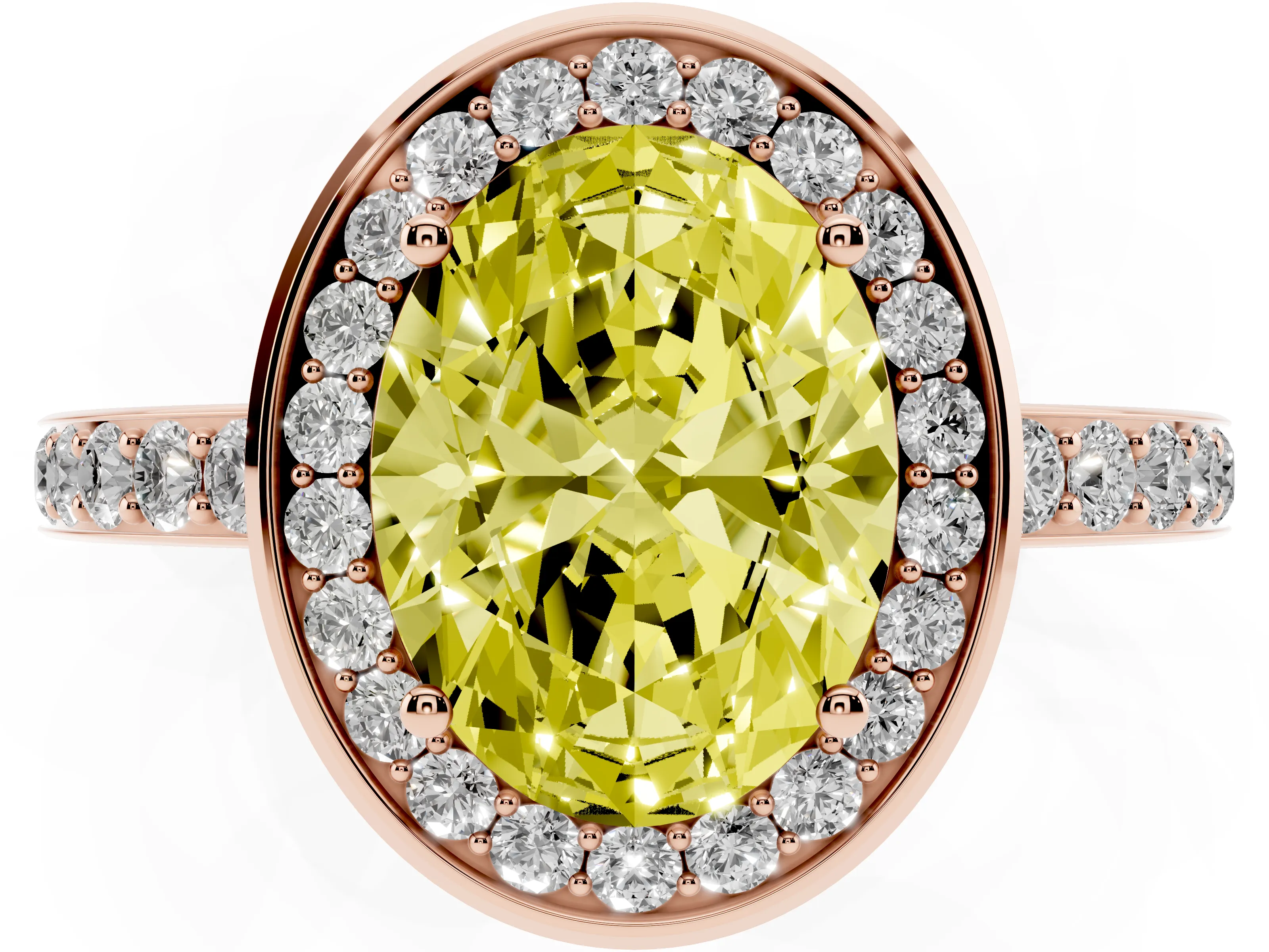 Fancy Yellow Oval Cut Diamond Halo Ring Set in Rose gold with Bezel Frame and Pavé Band