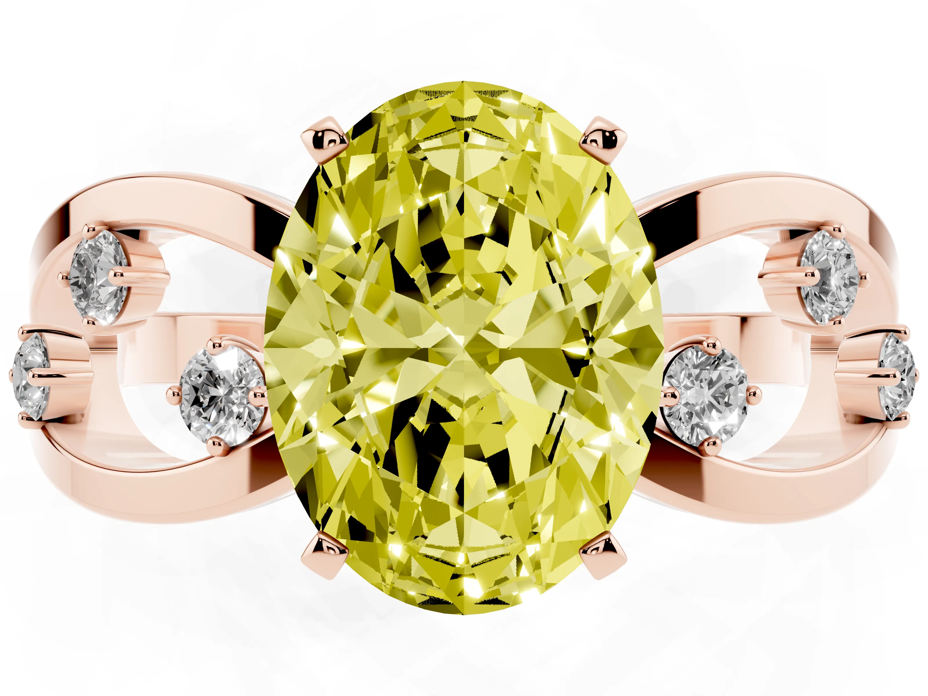 Fancy Yellow Oval Cut Diamond Solitaire Ring Set in Rose gold with Side Stones on Criss-Cross Band and Prong Setting