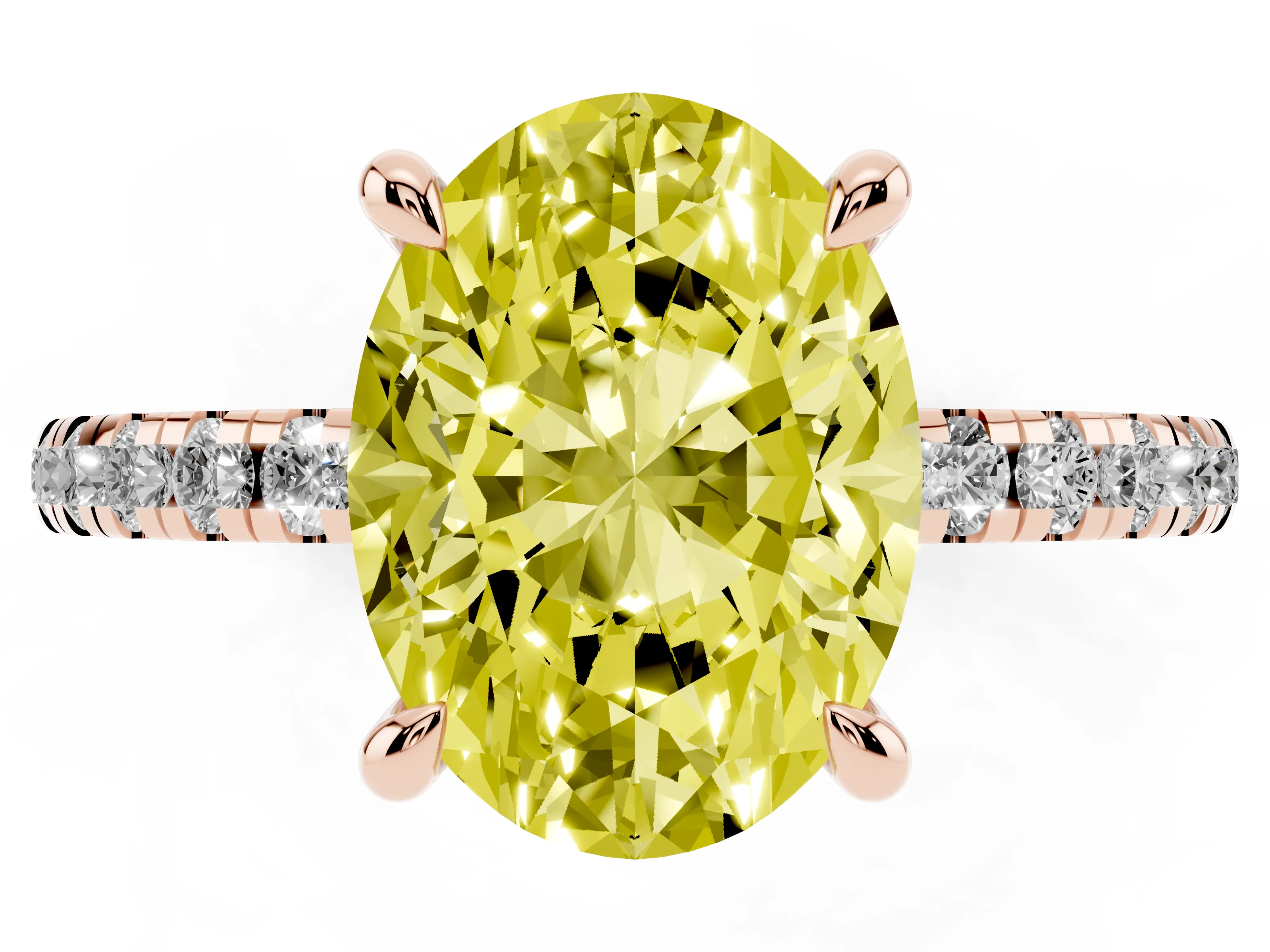 Fancy Yellow Oval Cut Diamond Brilliant Solitaire Ring Set in Rose gold with Pavé Band and Prong Setting