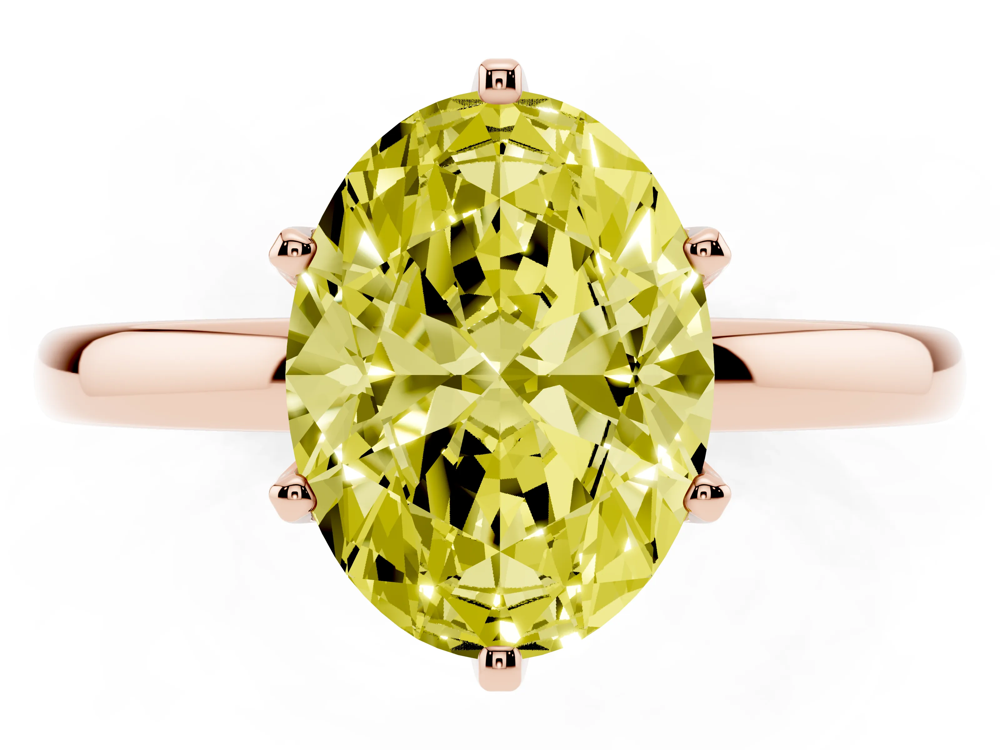 Fancy Yellow Oval Cut Diamond Solitaire Ring Set in Rose gold with Raised Prong Setting on a Classic Band