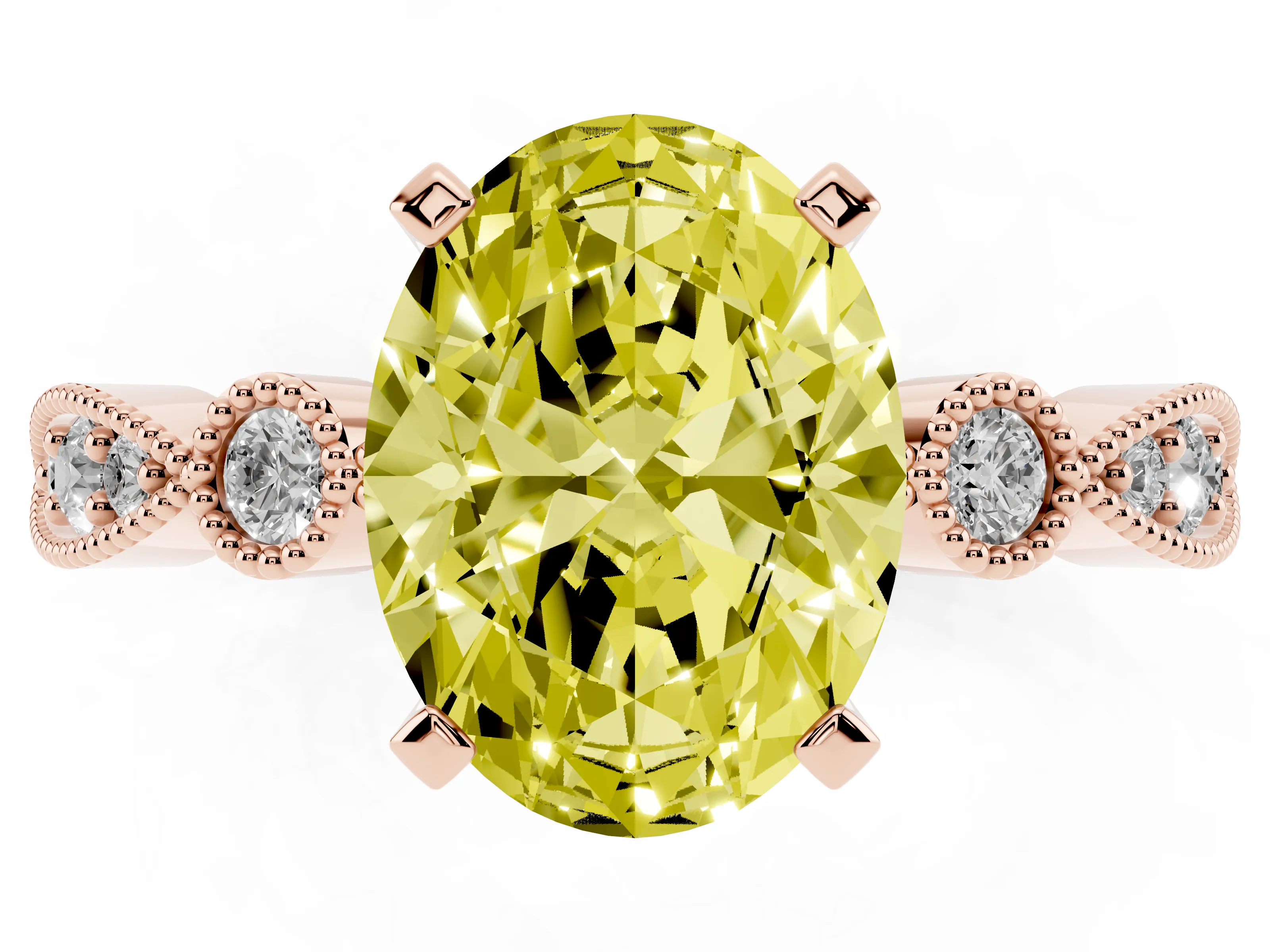 Fancy Yellow Oval Cut Diamond Solitaire Engagement Ring Set in Rose gold with Milgrain Bezel Accent Band