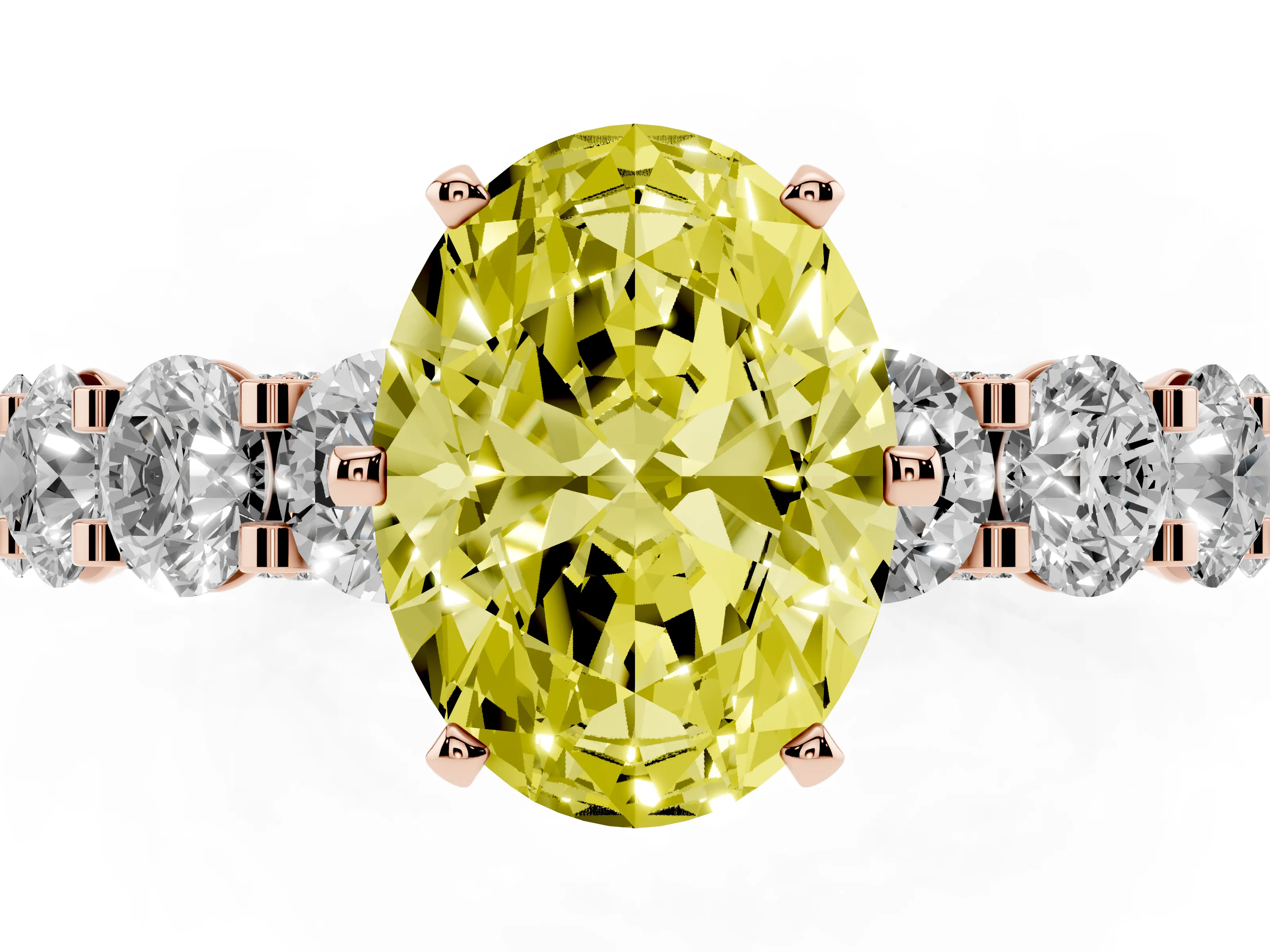 Fancy Yellow Oval Cut Diamond Side Stone Ring Set in Rose gold with Alternating Round and Oval Side Stones