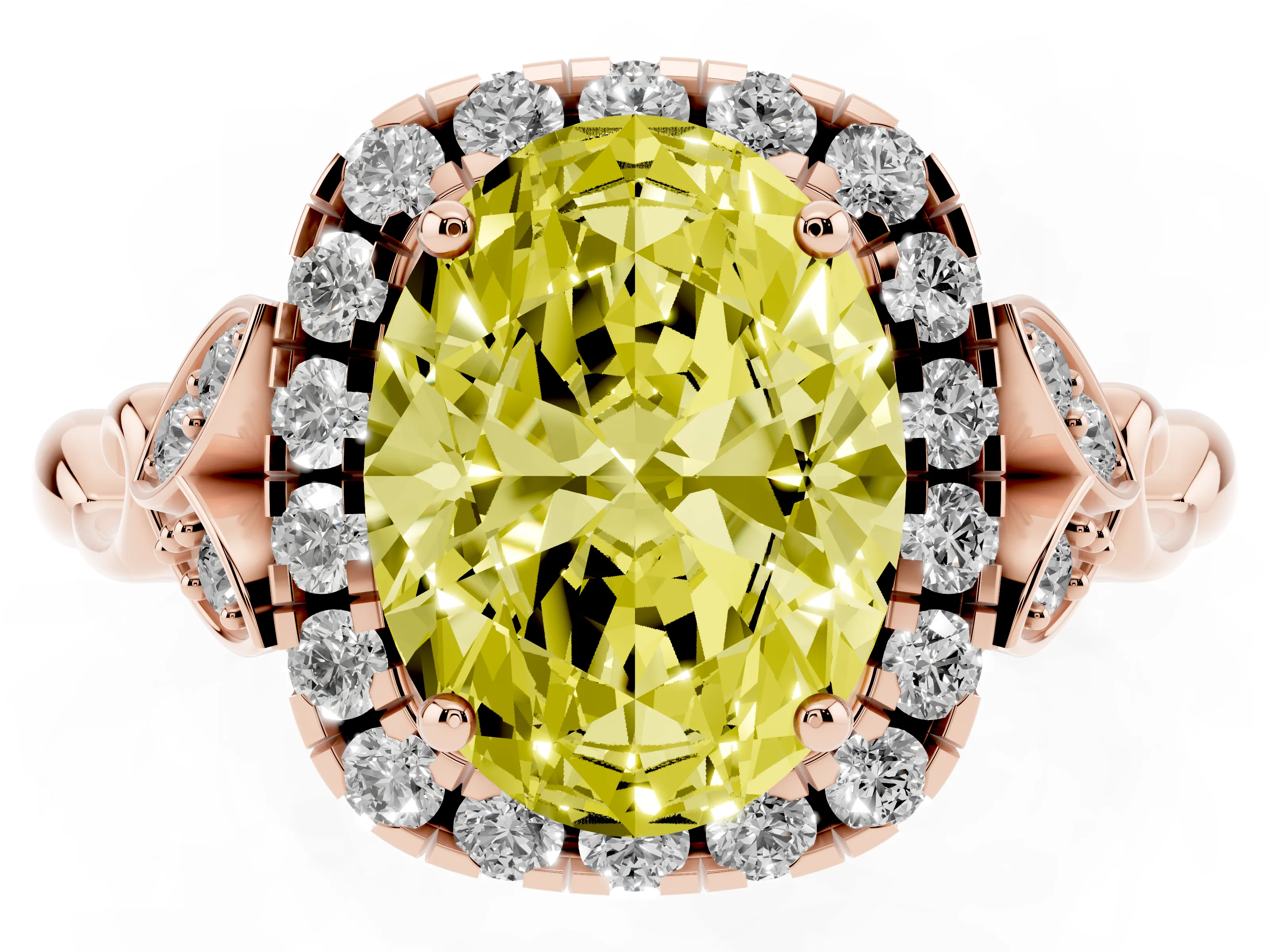 Fancy Yellow Oval Cut Diamond Halo Engagement Ring Set in Rose gold with Vintage-Inspired Band and Prong Setting
