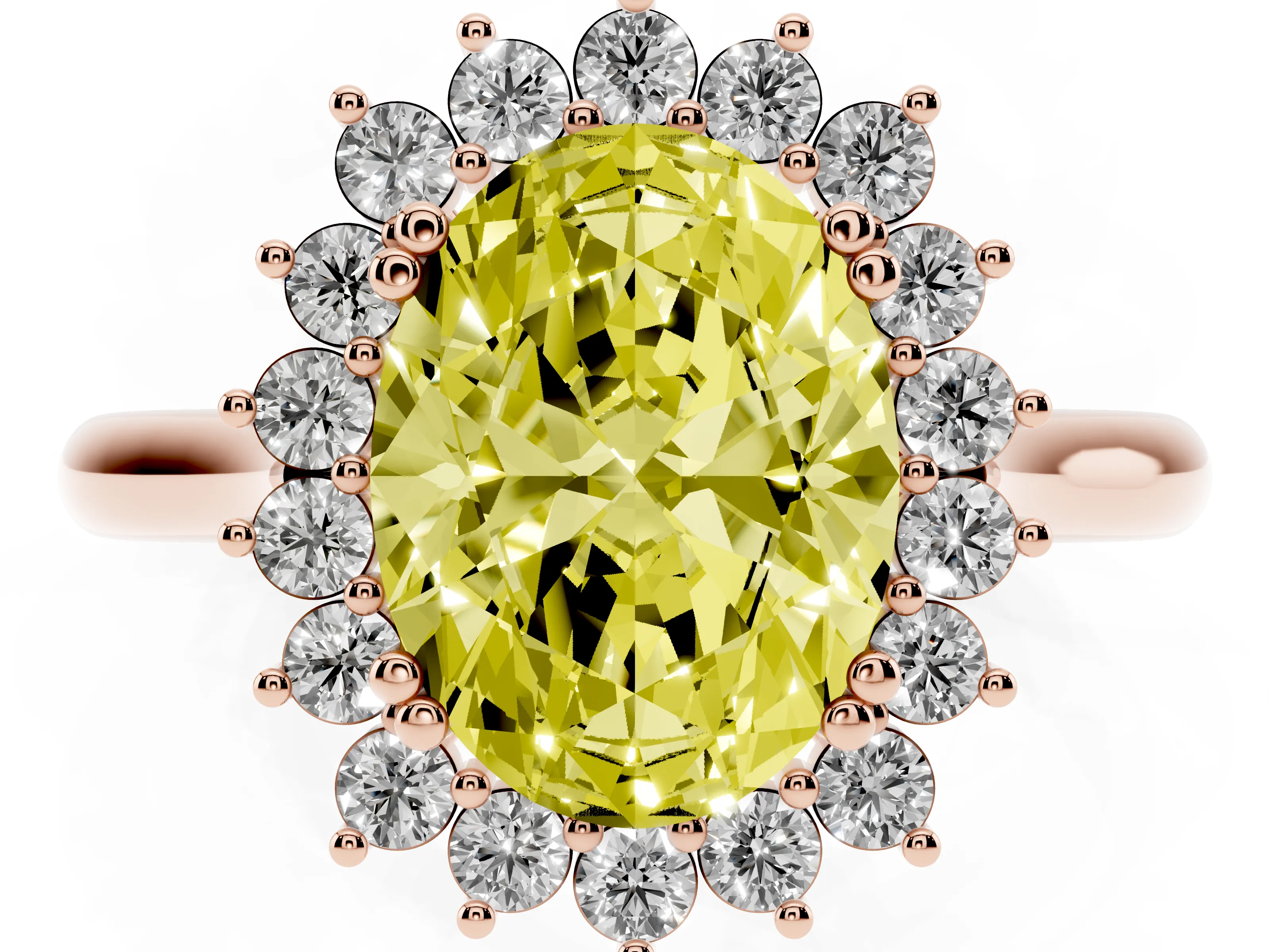 Fancy Yellow Oval Cut Diamond Halo Ring Set in Rose gold with Plain Solitaire Band and Prong Setting