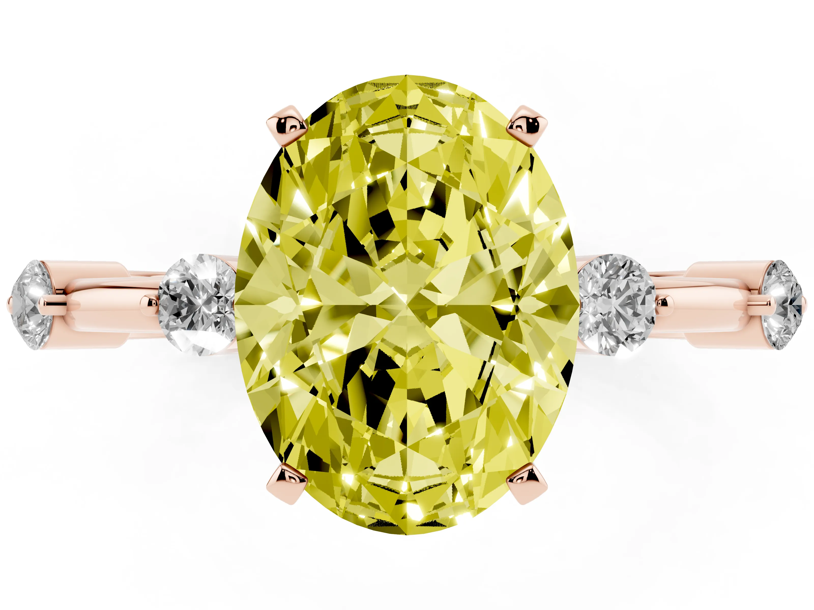Fancy Yellow Oval Cut Diamond Solitaire Ring Set in Rose gold with Bezel Set Side Stones and Prong Setting