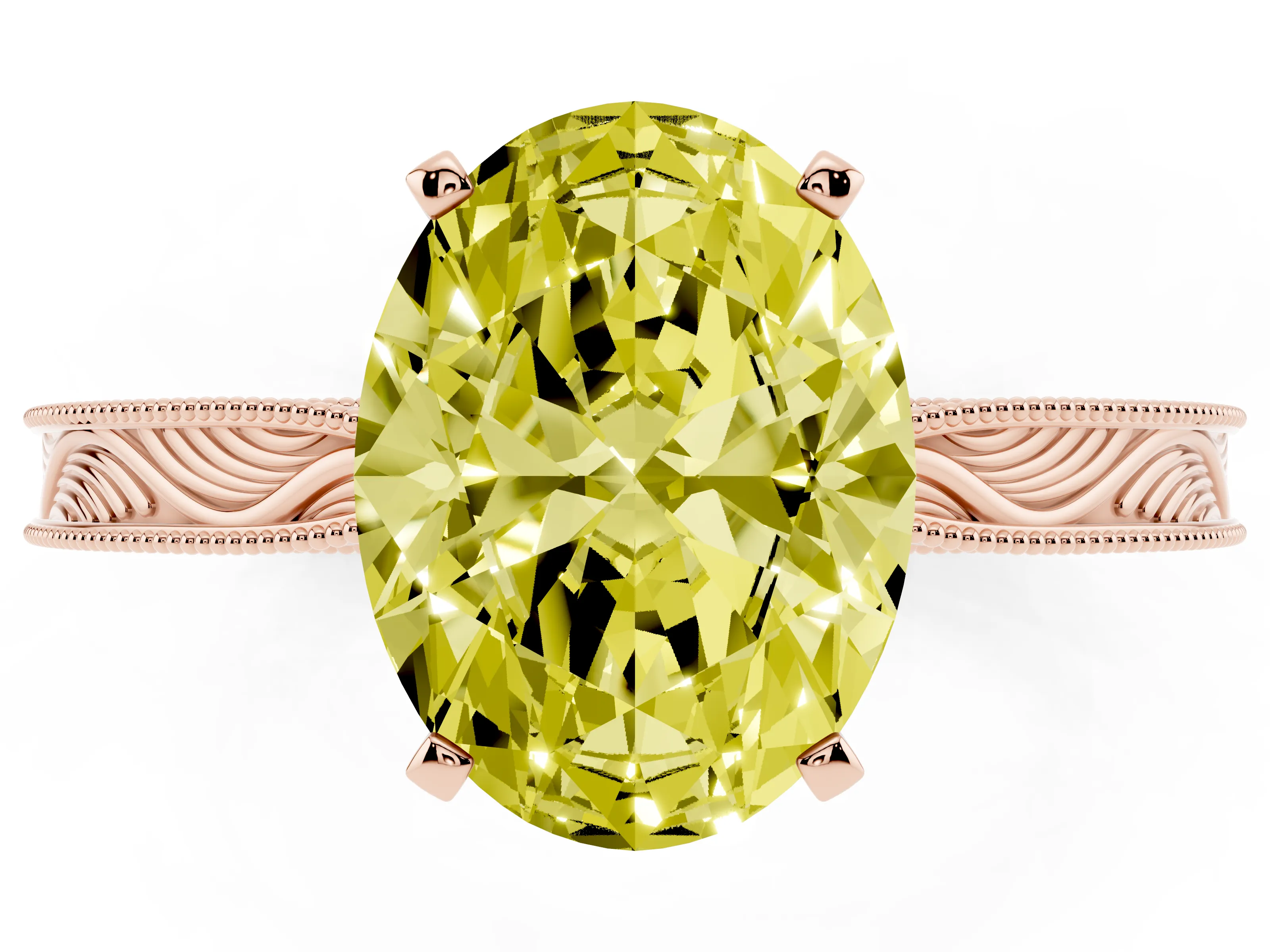 Fancy Yellow Oval Cut Diamond Solitaire Milgrain Engraved Band Set in Rose gold with Prong Setting