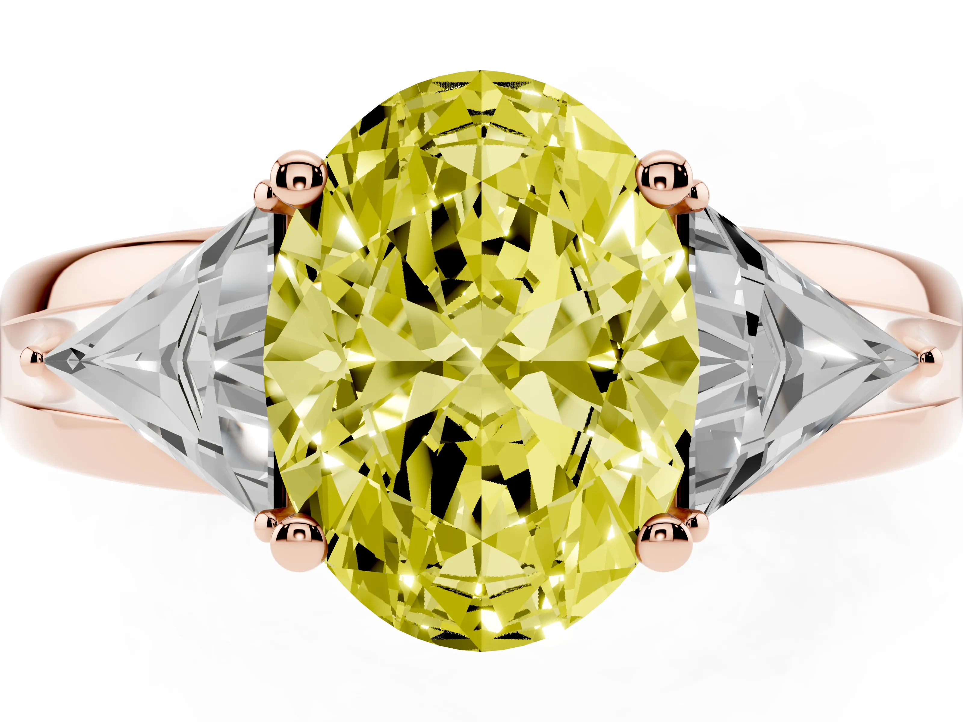 Fancy Yellow Oval Cut Diamond Three-Stone Ring Set in Rose gold with Trillion Side Stones and Split Shank