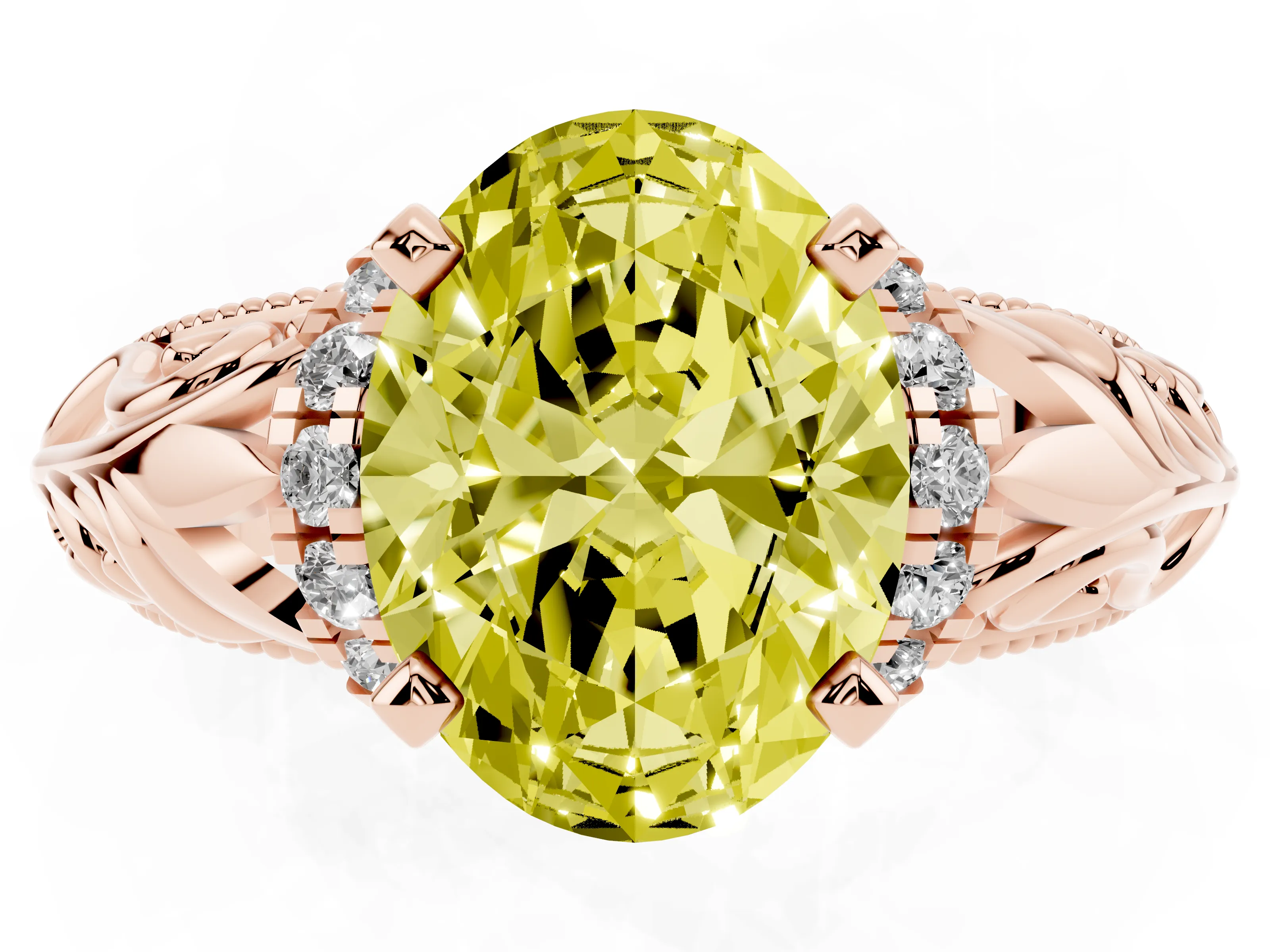 Fancy Yellow Oval Cut Diamond Filigree Halo Engagement Ring Set in Rose gold with Prong Setting