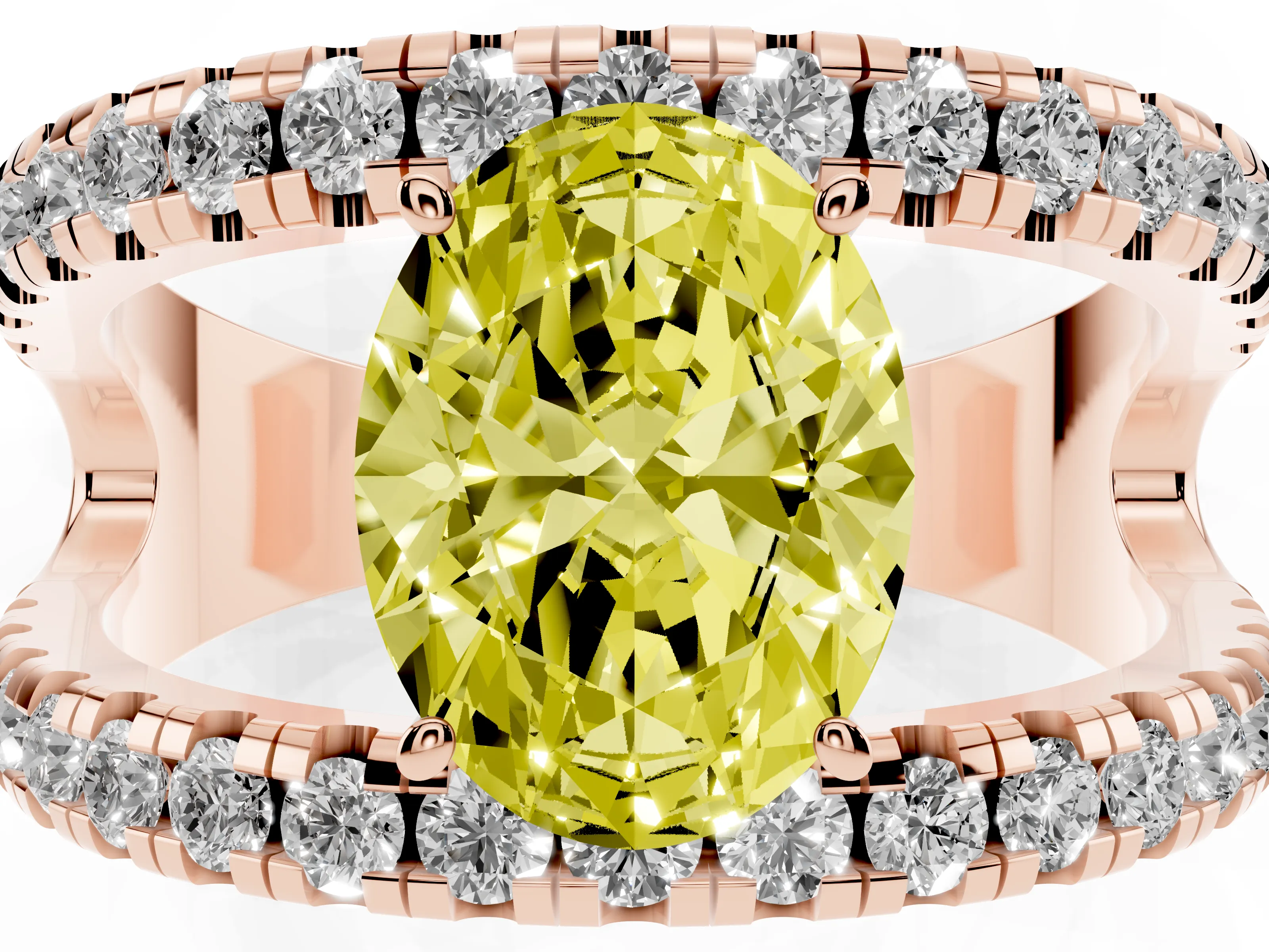 Fancy Yellow Oval Cut Diamond Split Shank Pavé Solitaire Ring Set in Rose gold with Open Shank Design