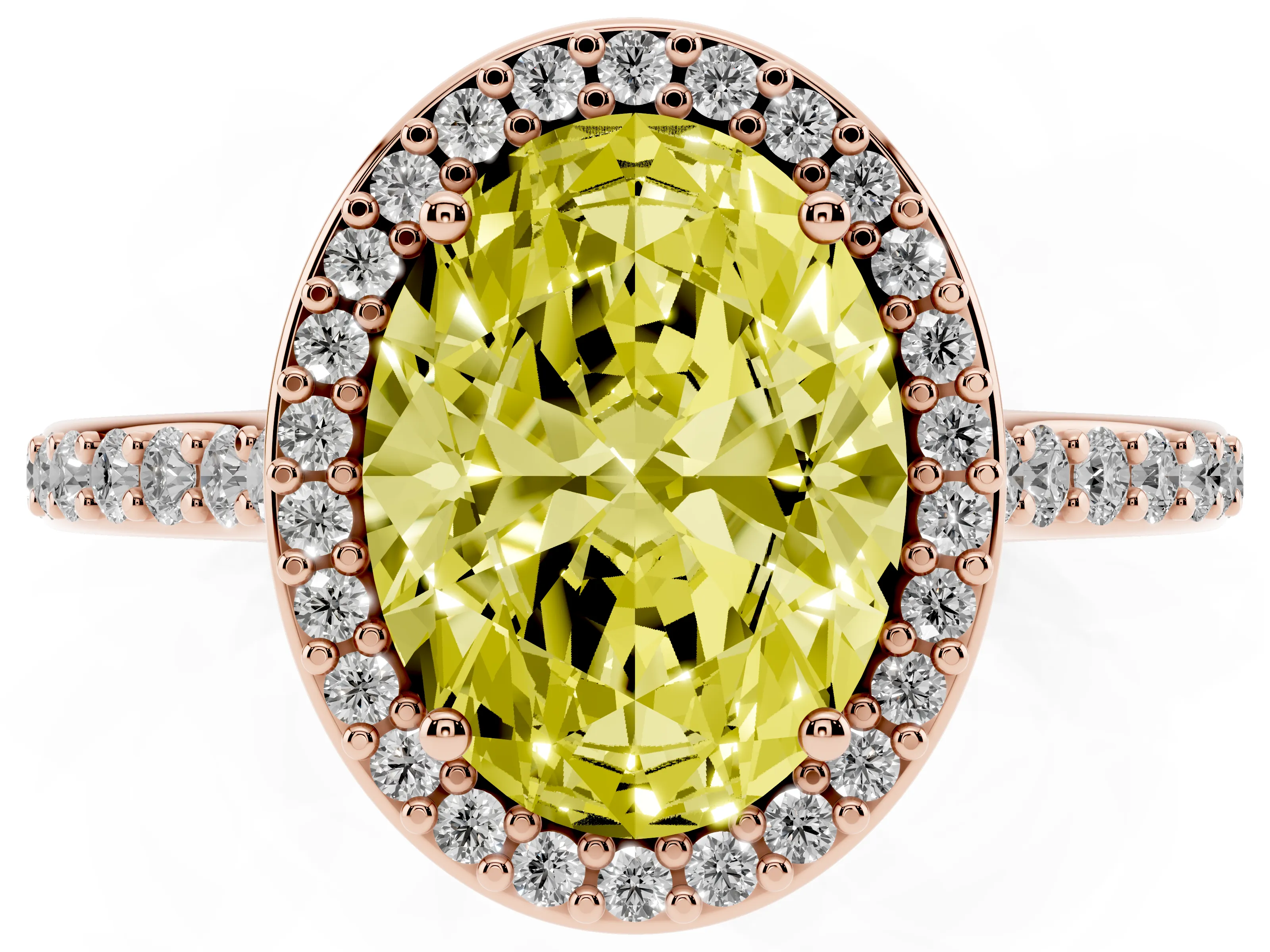 Fancy Yellow Oval Cut Diamond Halo Engagement Ring Set in Rose gold with Round Pavé Shoulders and Heart Gallery