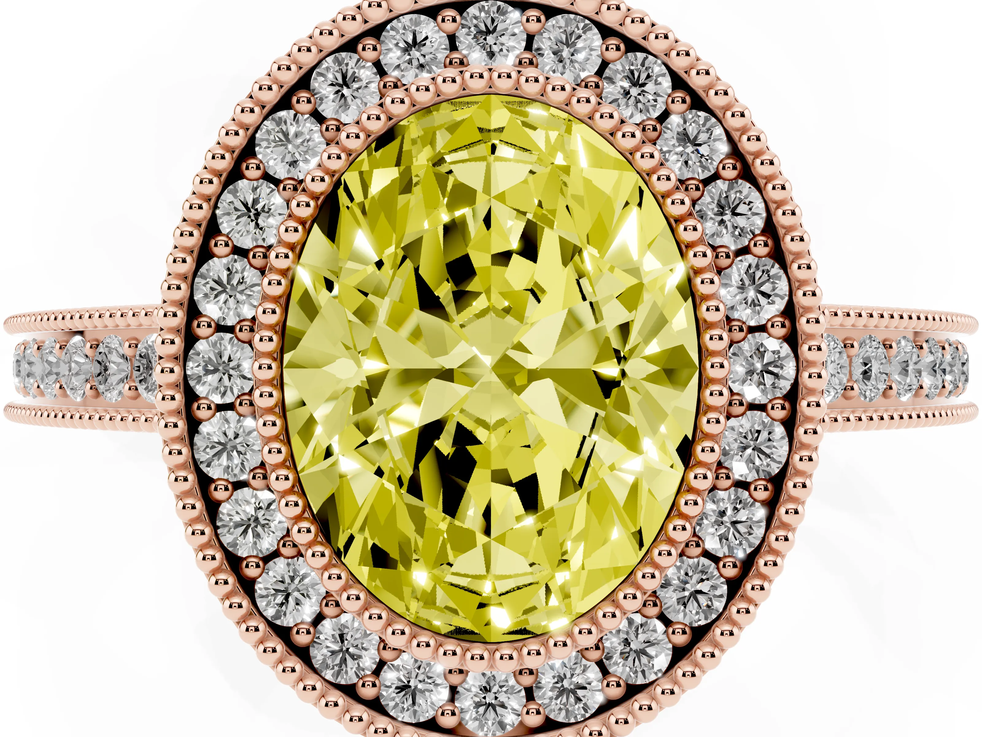 Fancy Yellow Oval Cut Diamond Halo Ring Set in Rose gold with Pavé Band and Milgrain-Edged Prongs