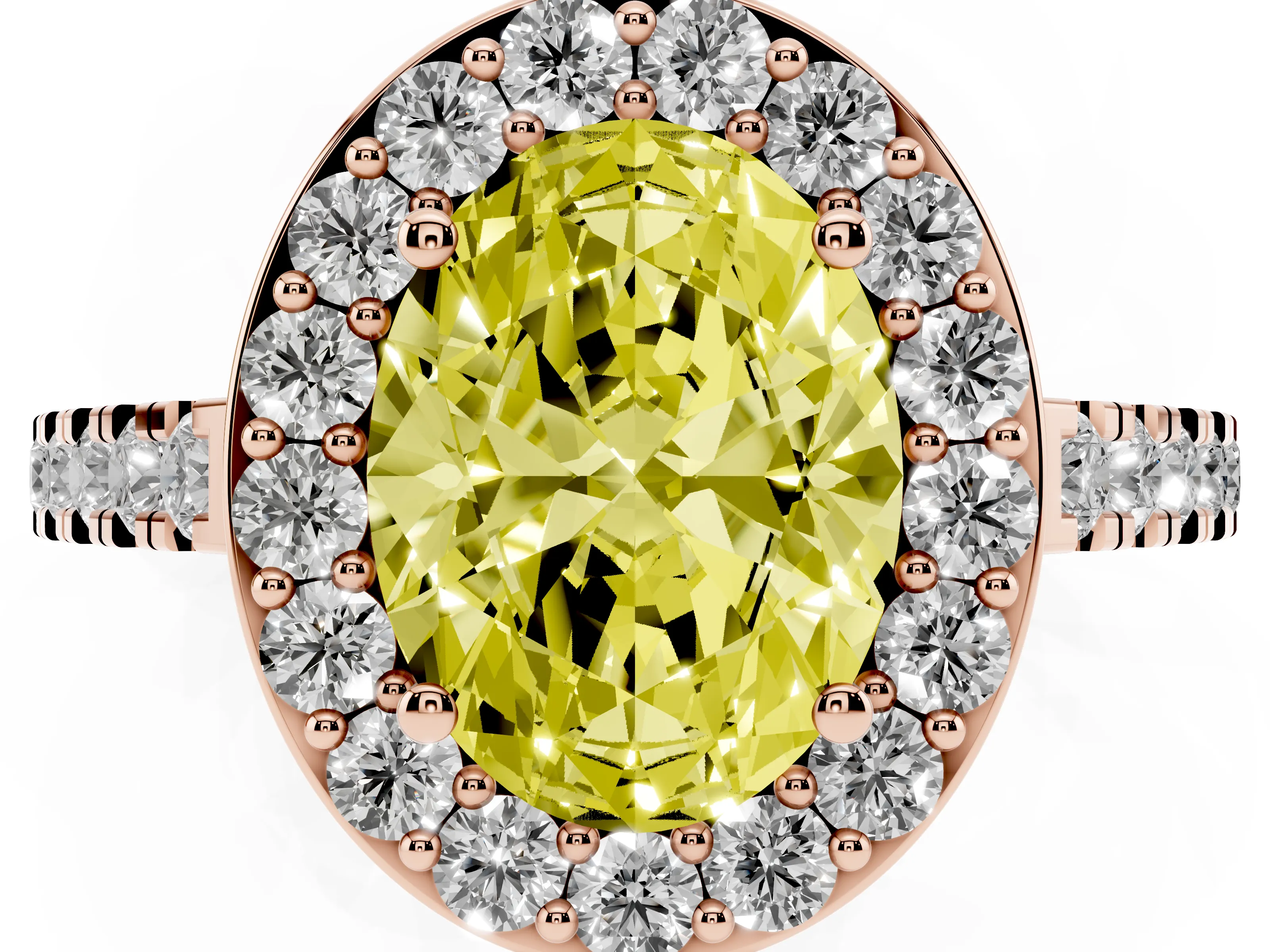 Fancy Yellow Oval Cut Diamond Halo Ring Set in Rose gold with Round Pavé Split Shank and Prong Setting