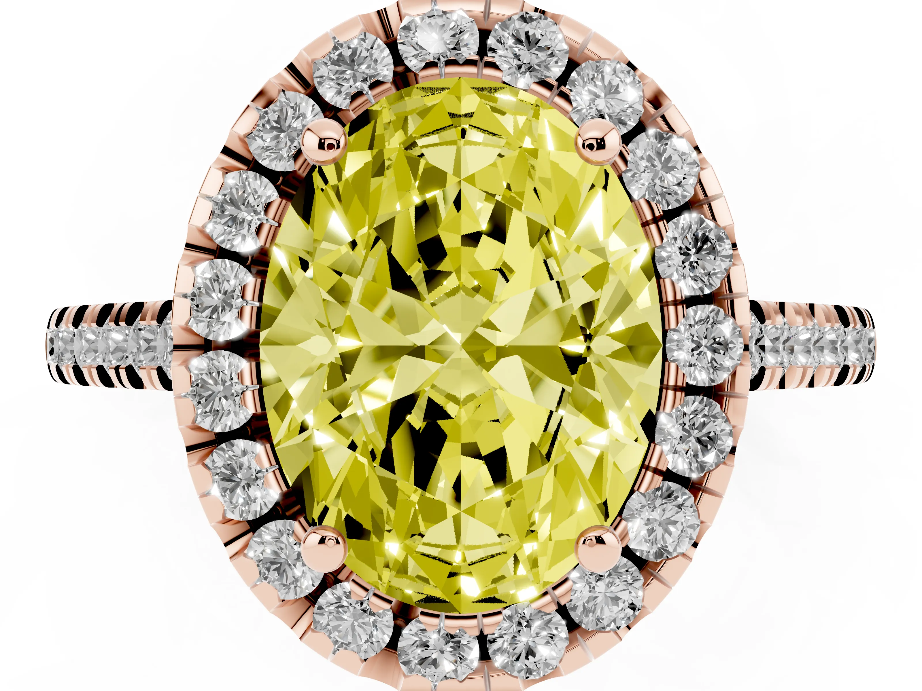 Fancy Yellow Oval Cut Diamond Cushion Halo Ring Set in Rose gold with Pavé Band
