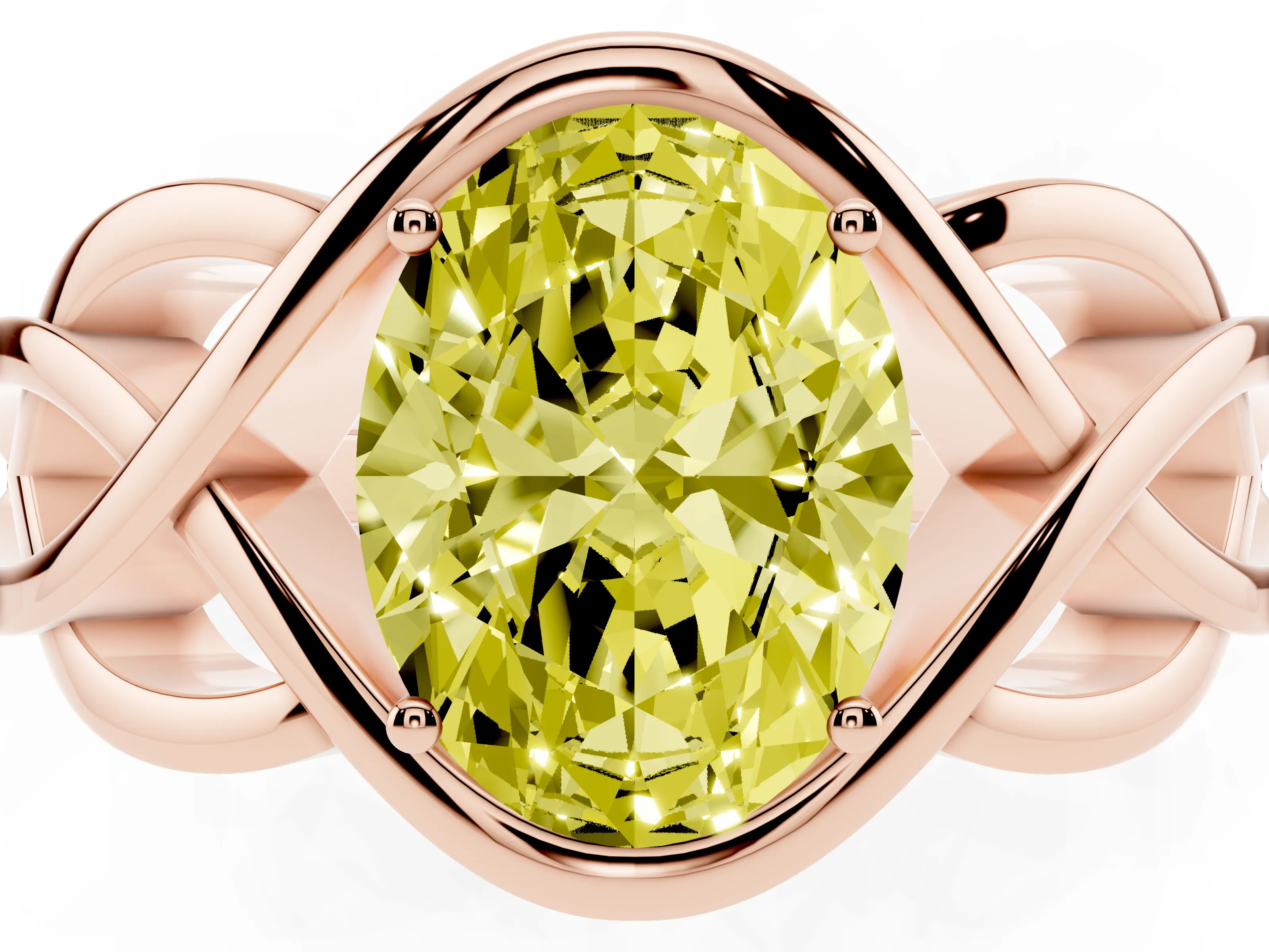 Fancy Yellow Oval Cut Diamond Solitaire Ring Set in Rose gold with Intertwined Band