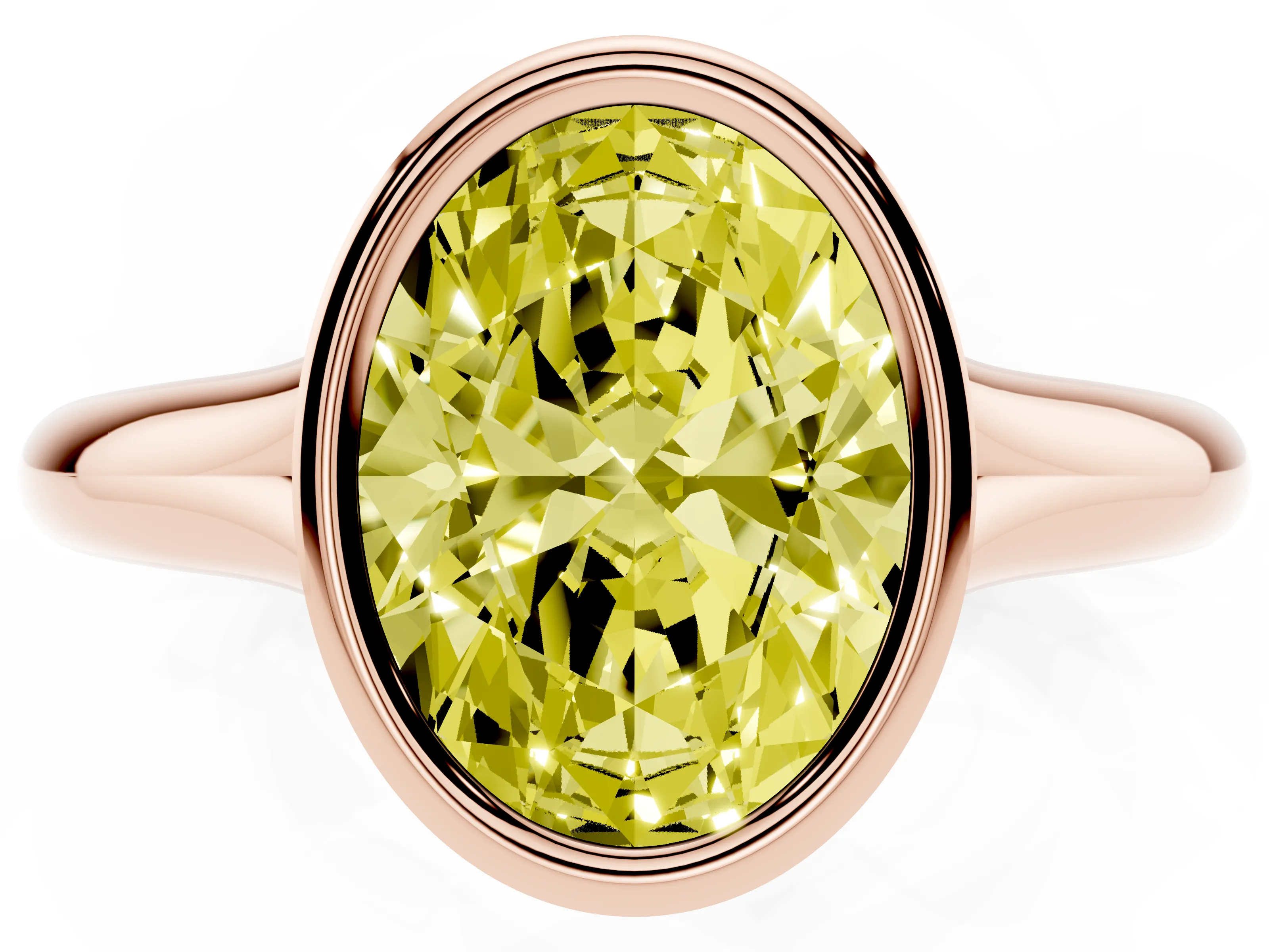 Fancy Yellow Bezel Set Oval Cut Diamond Solitaire Ring Set in Rose gold with Smooth Band