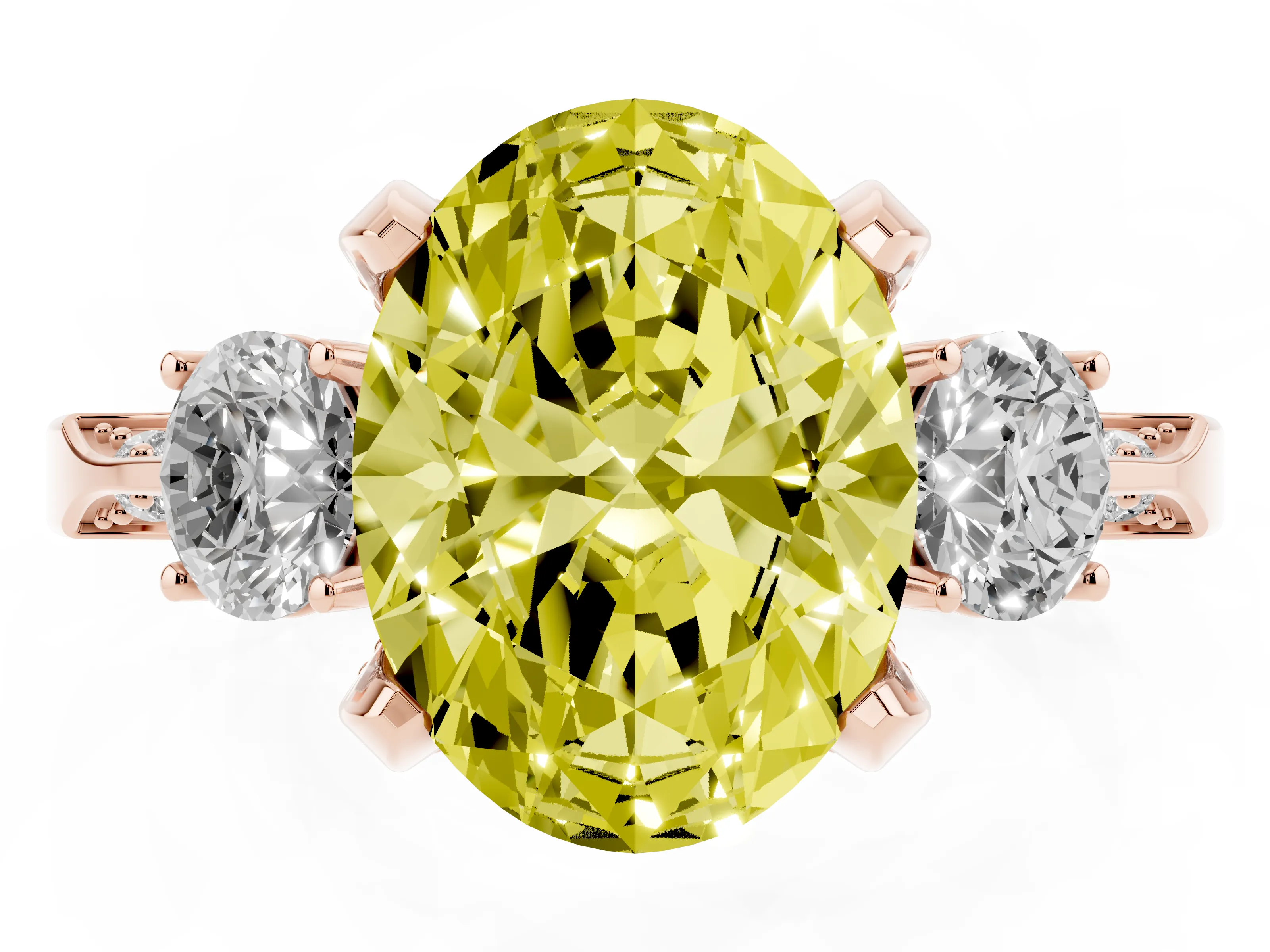 Fancy Yellow Oval Cut Diamond Three-Stone Ring Set in Rose gold with Pavé Band and Smaller Side Stones