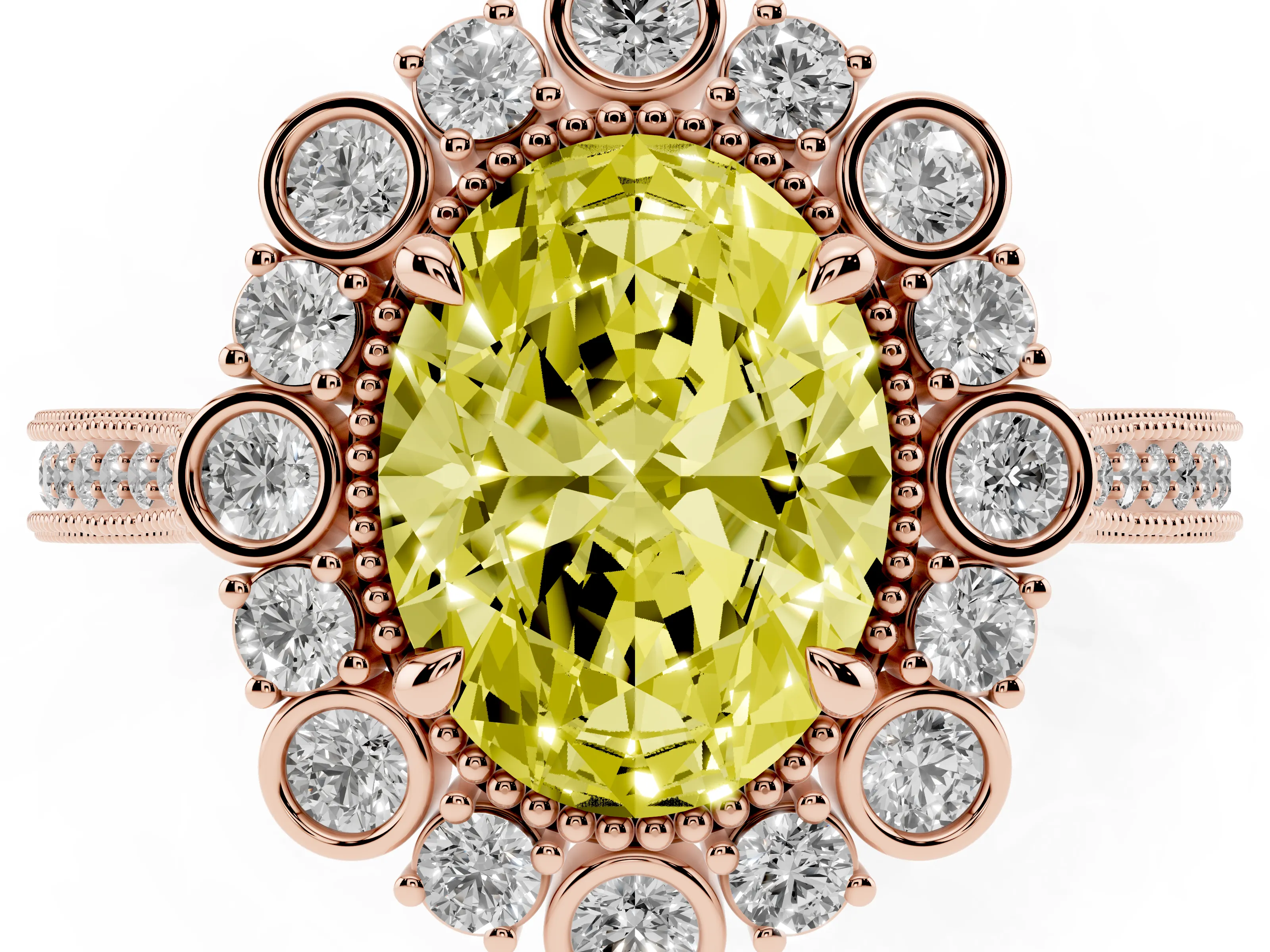 Fancy Yellow Oval Cut Diamond Halo Milgrain Pavé Ring Set in Rose gold with Prong Setting