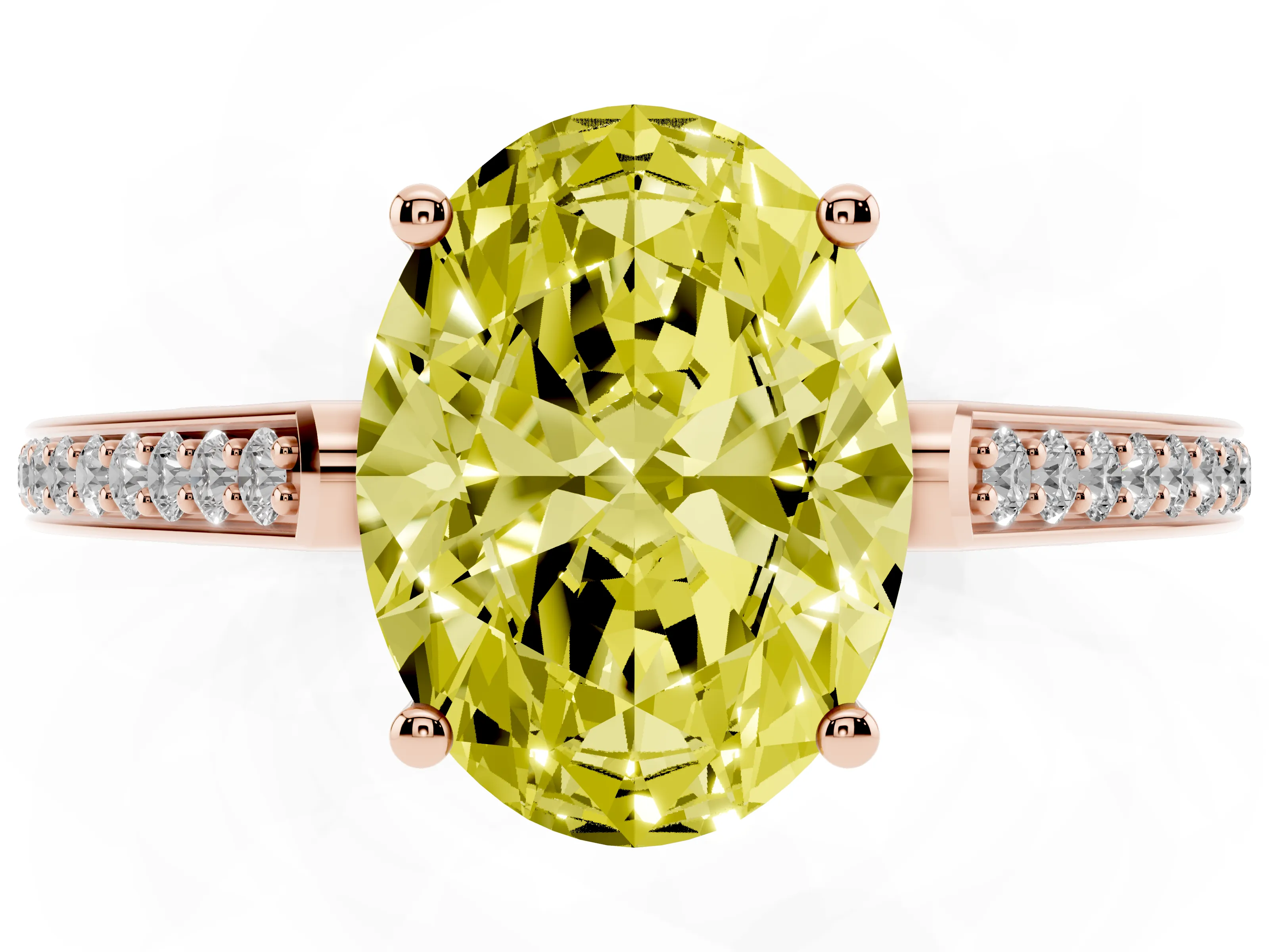 Fancy Yellow Oval Cut Diamond Cathedral Pavé Engagement Ring Set in Rose gold with Prong Setting