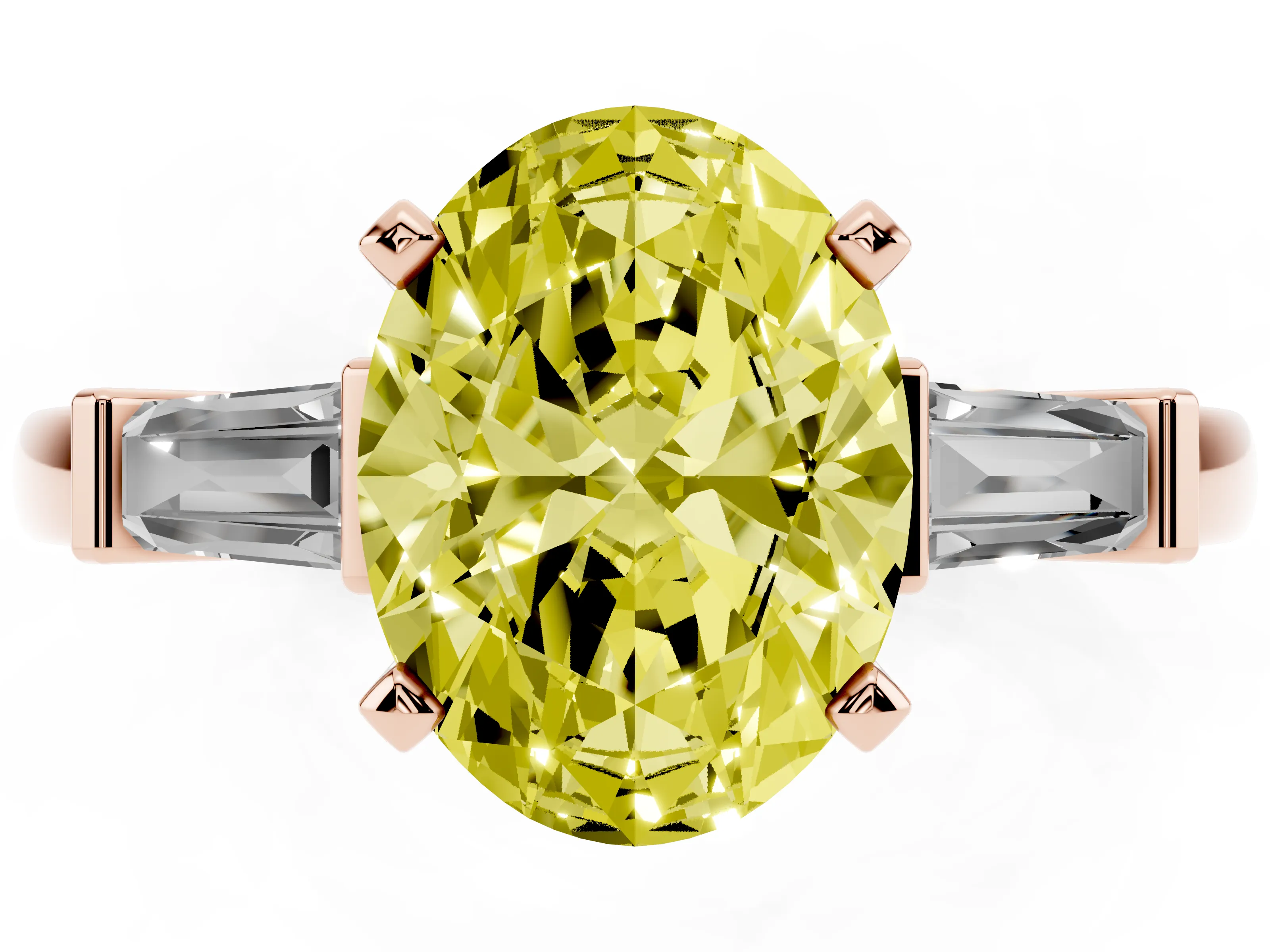 Fancy Yellow Oval Cut Diamond Solitaire Ring Set in Rose gold with Tapered Baguette Accents and Prong Setting