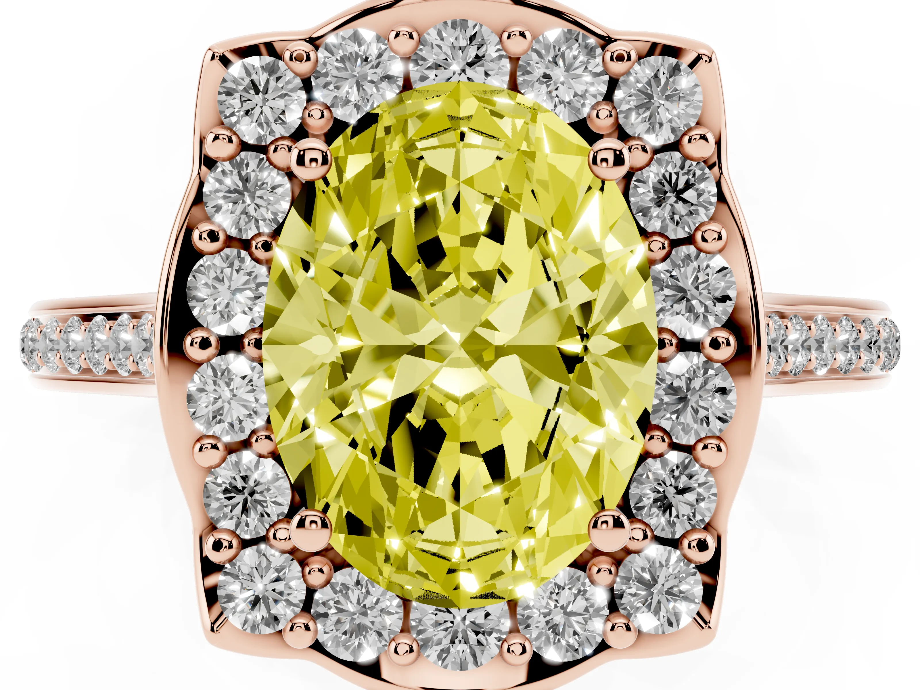 Fancy Yellow Oval Cut Diamond Halo Ring Set in Rose gold with Pavé-Lined Shoulders and Prong Setting