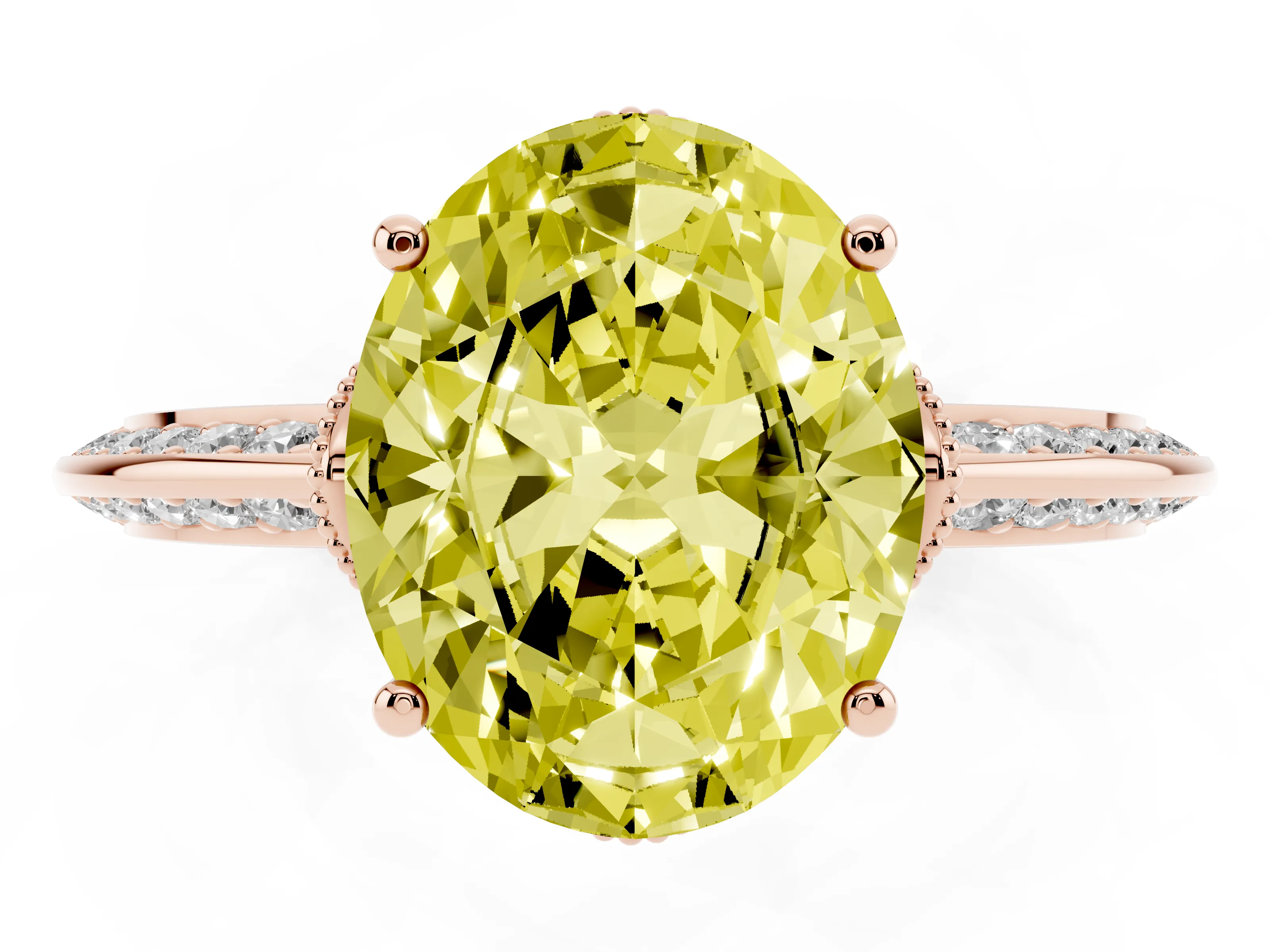 Fancy Yellow Oval Cut Diamond Solitaire Engagement Ring Set in Rose gold with Pavé Split Shank and Prong Setting