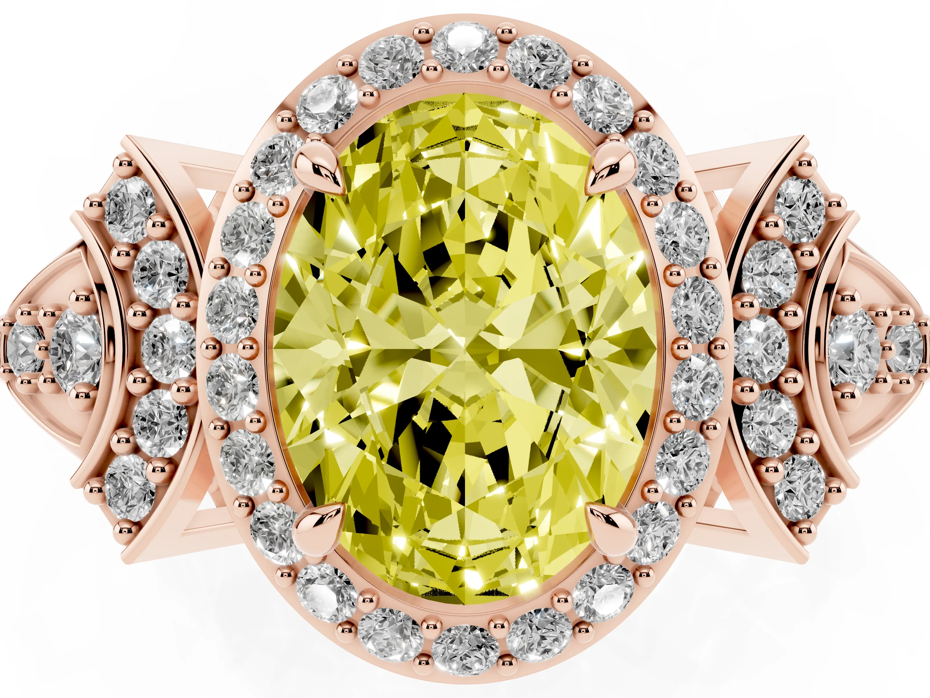 Fancy Yellow Oval Cut Diamond Halo Engagement Ring Set in Rose gold with Accent Stone Split Shank