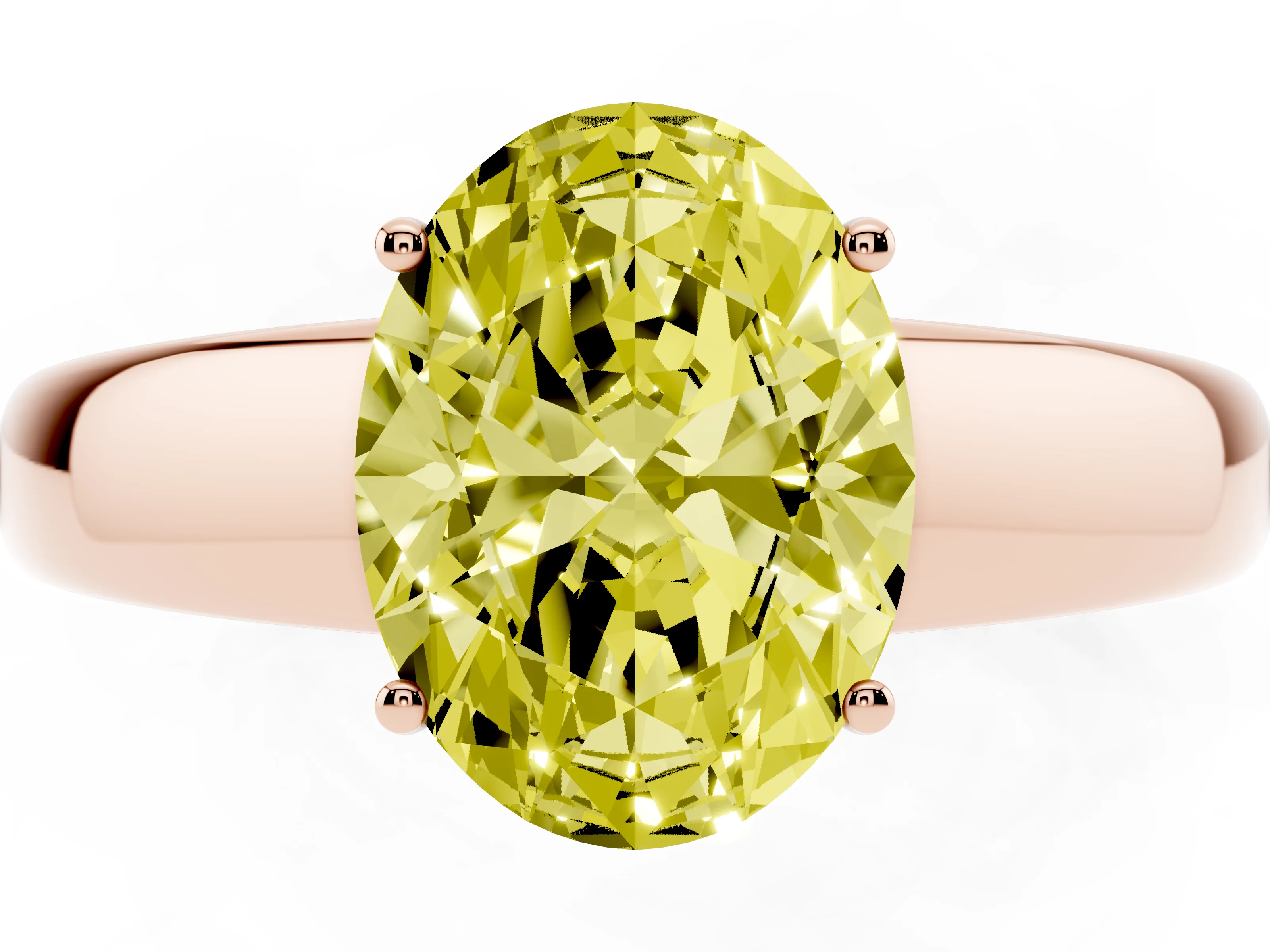 Fancy Yellow Oval Cut Diamond Solitaire Ring Set in Rose gold with Tapered Band and Prong Setting