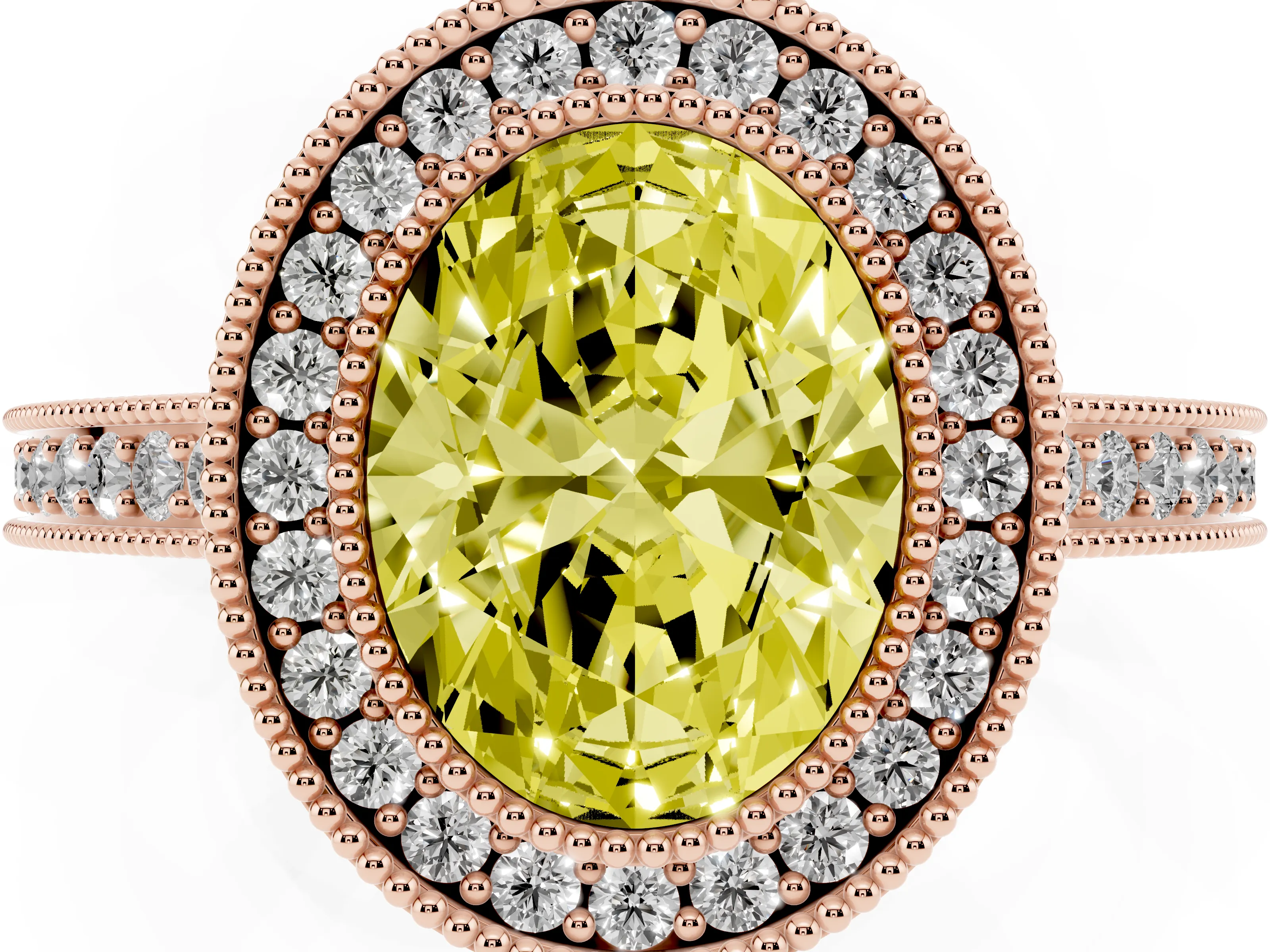Fancy Yellow Oval Cut Diamond Round Halo Ring Set in Rose gold with Pavé Band