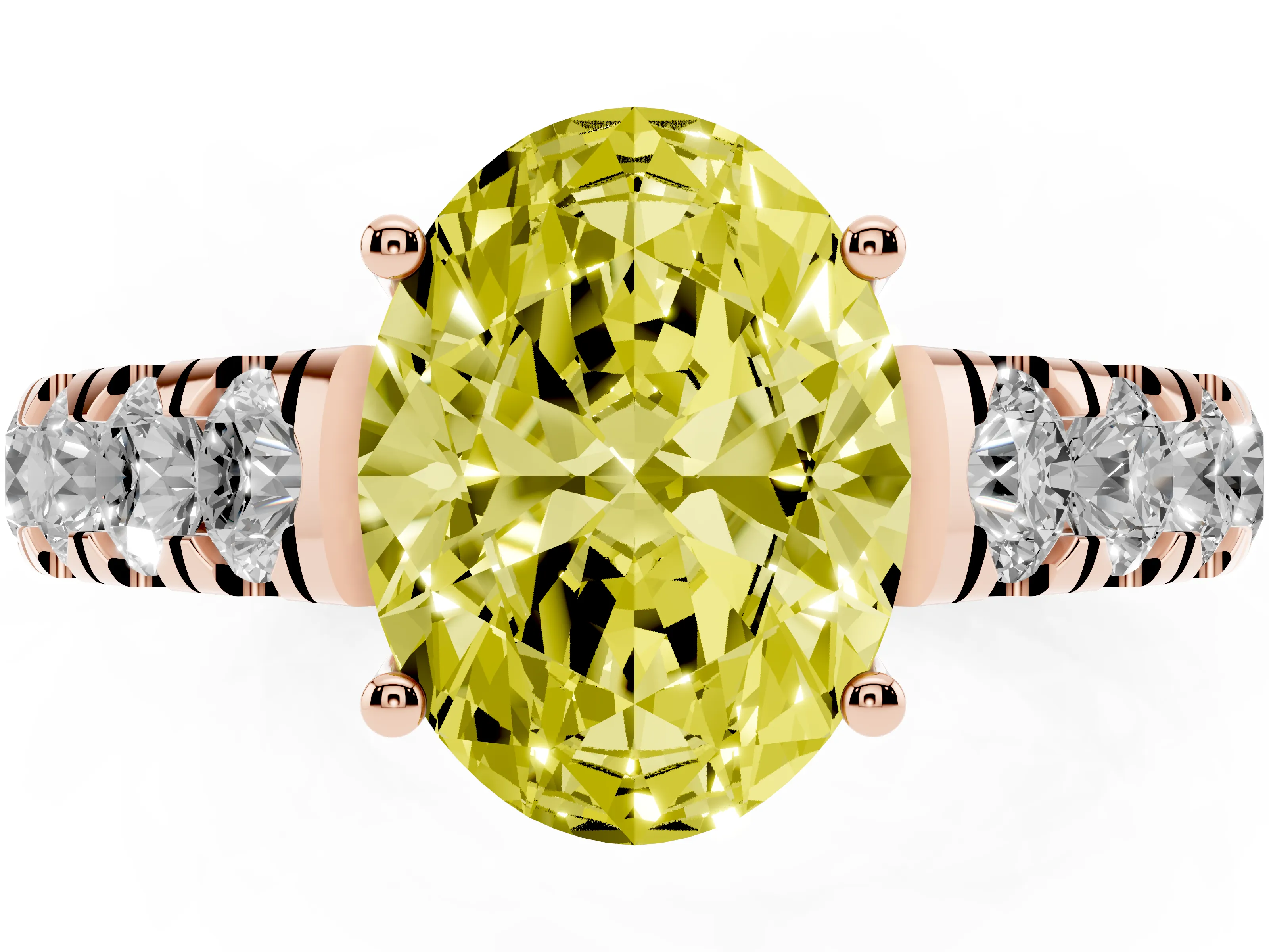 Fancy Yellow Oval Cut Diamond Solitaire Ring Set in Rose gold with Cut-Down Micro Pavé Band and Prong Setting