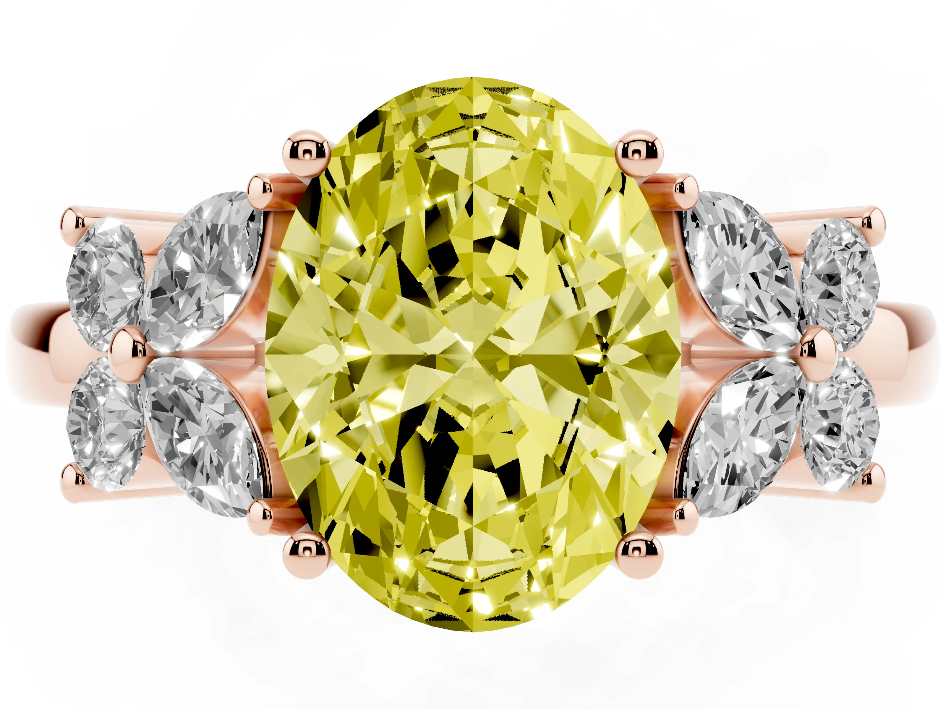 Fancy Yellow Oval Cut Diamond Floral Cluster Ring Set in Rose gold with Marquise Petals and Prong Setting