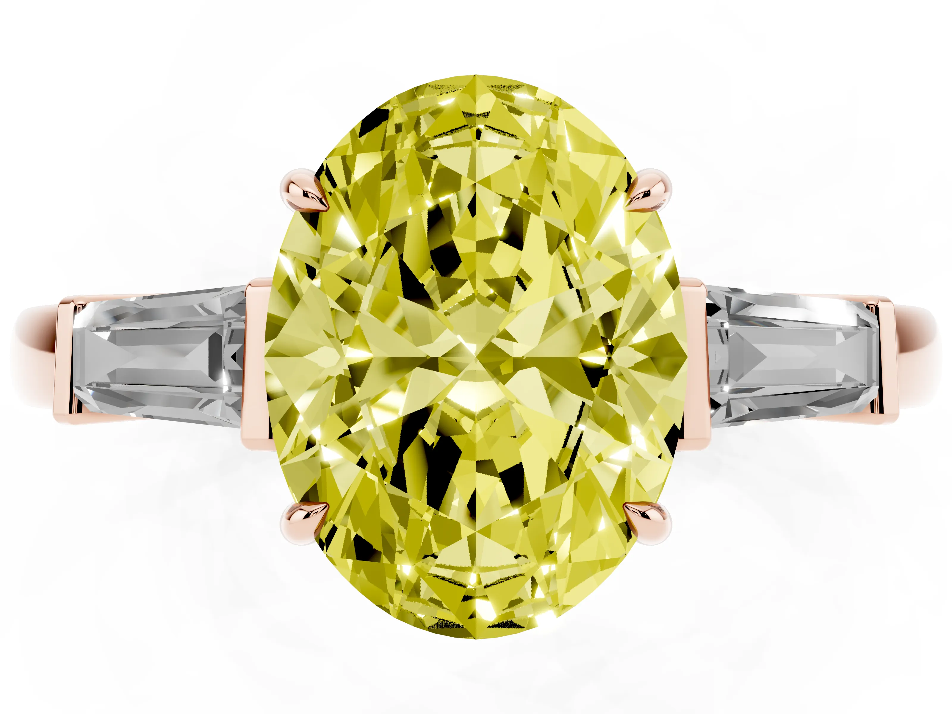 Fancy Yellow Oval Cut Diamond Three-Stone Ring Set in Rose gold with Tapered Baguette Side Stones and Prong Setting