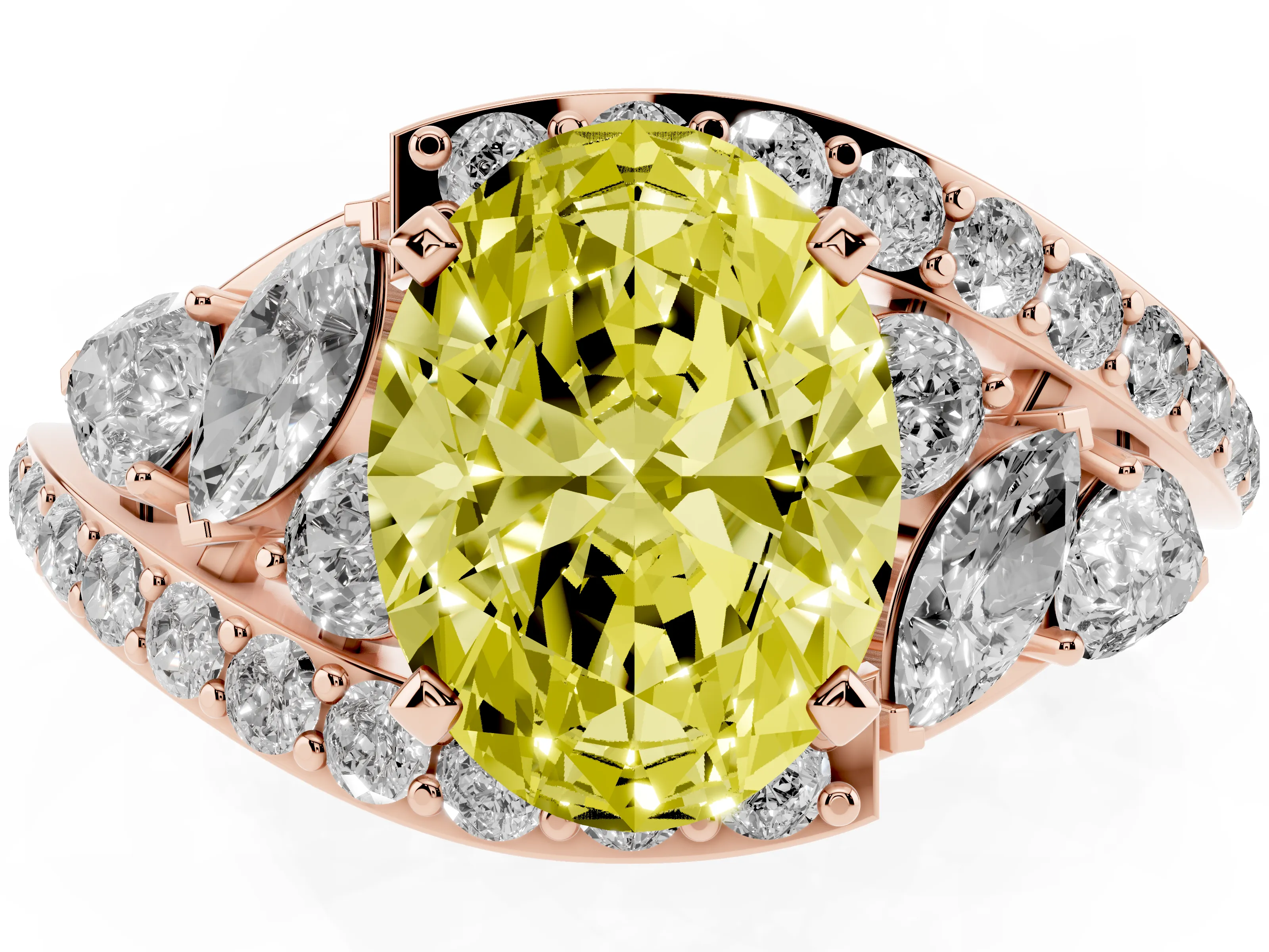 Fancy Yellow Oval Cut Diamond Halo Ring Set in Rose gold with Marquise and Pavé Band in Prong Setting