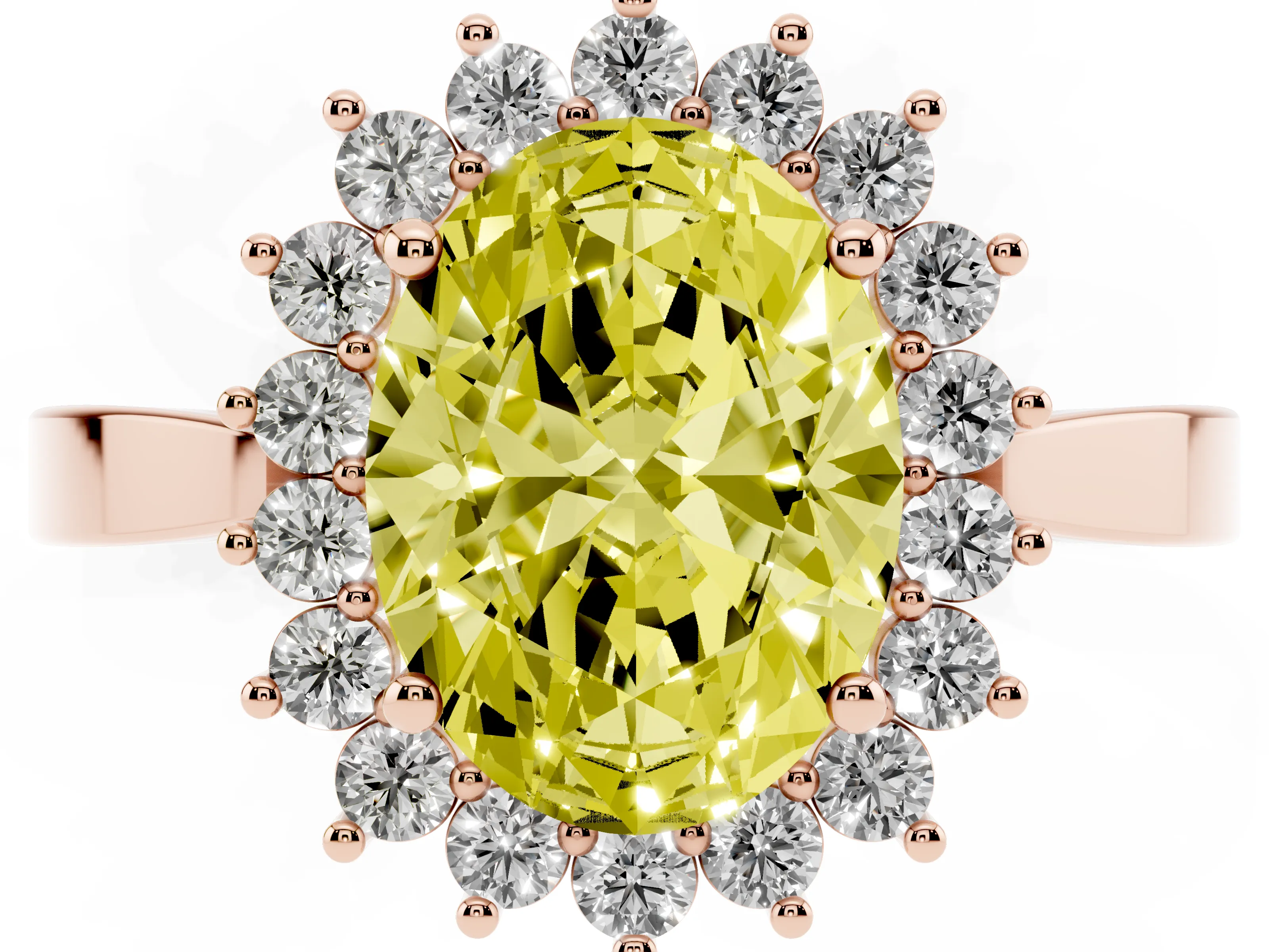 Fancy Yellow Oval Cut Diamond Halo Ring Set in Rose gold with Round Halo and Smooth Solitaire Band