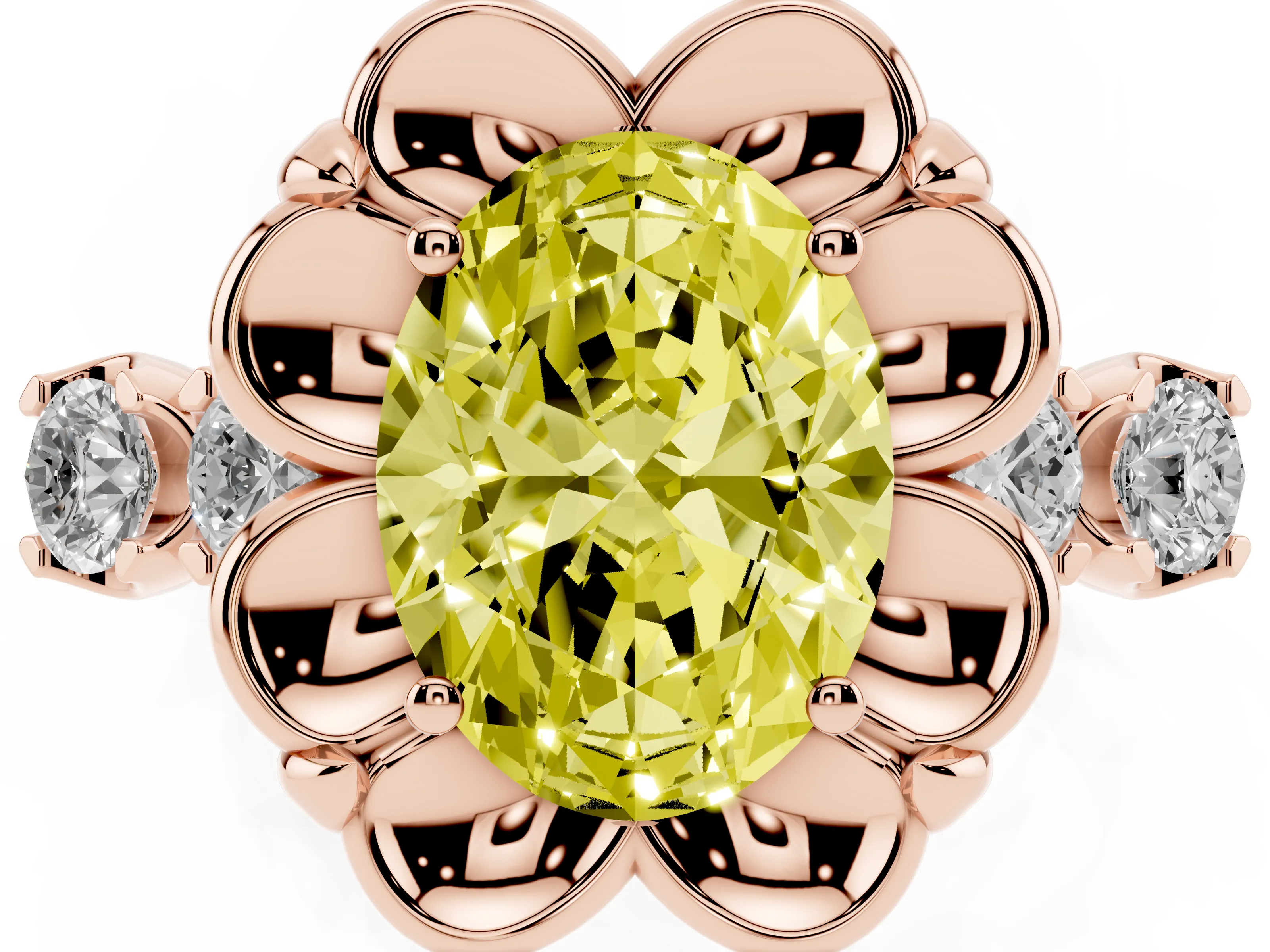 Fancy Yellow Oval Cut Diamond Floral Halo Ring Set in Rose gold with Shared Prong Band