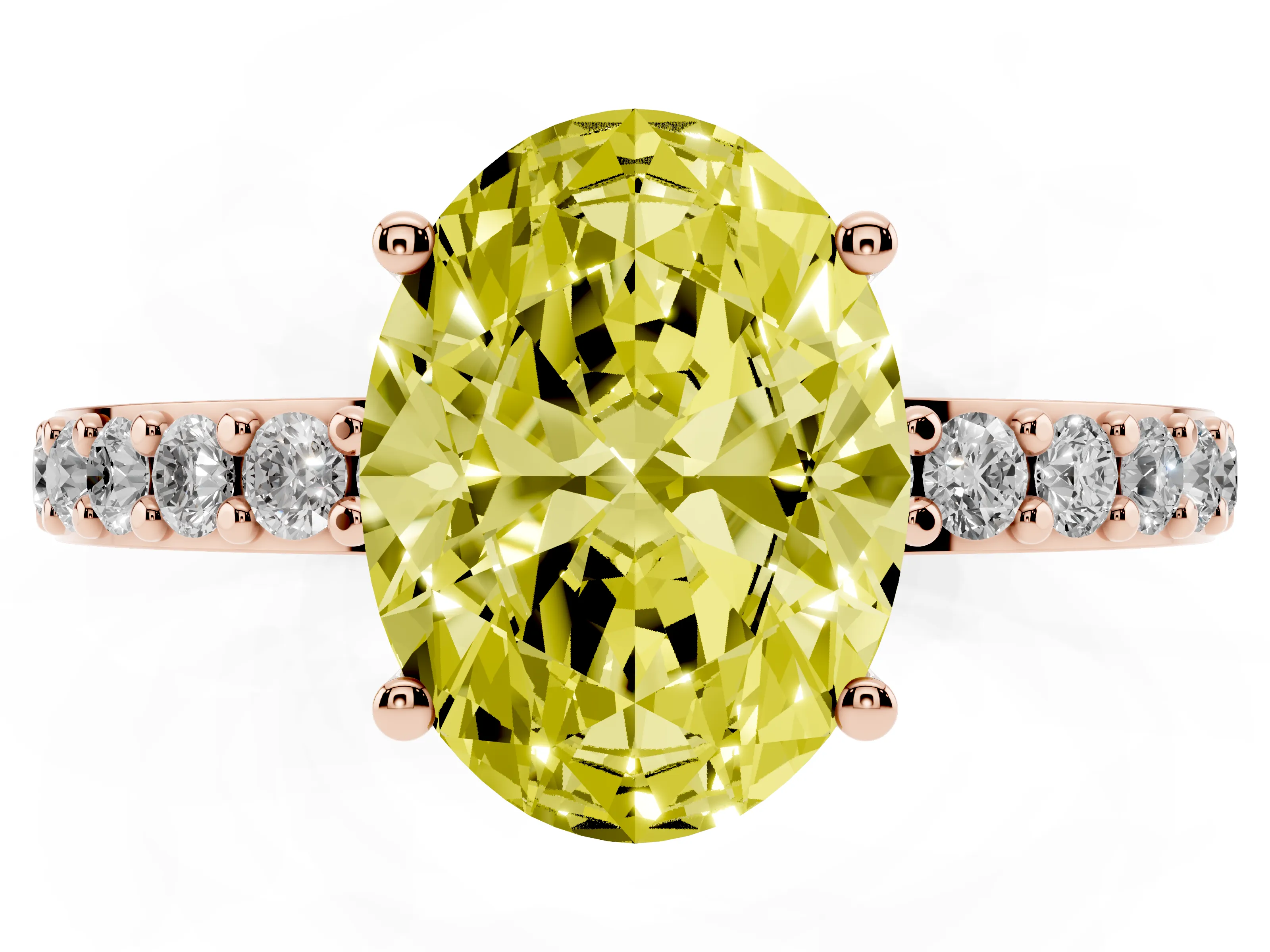 Fancy Yellow Oval Cut Diamond Solitaire Set in Rose gold with Round Pavé Band and Prong Setting