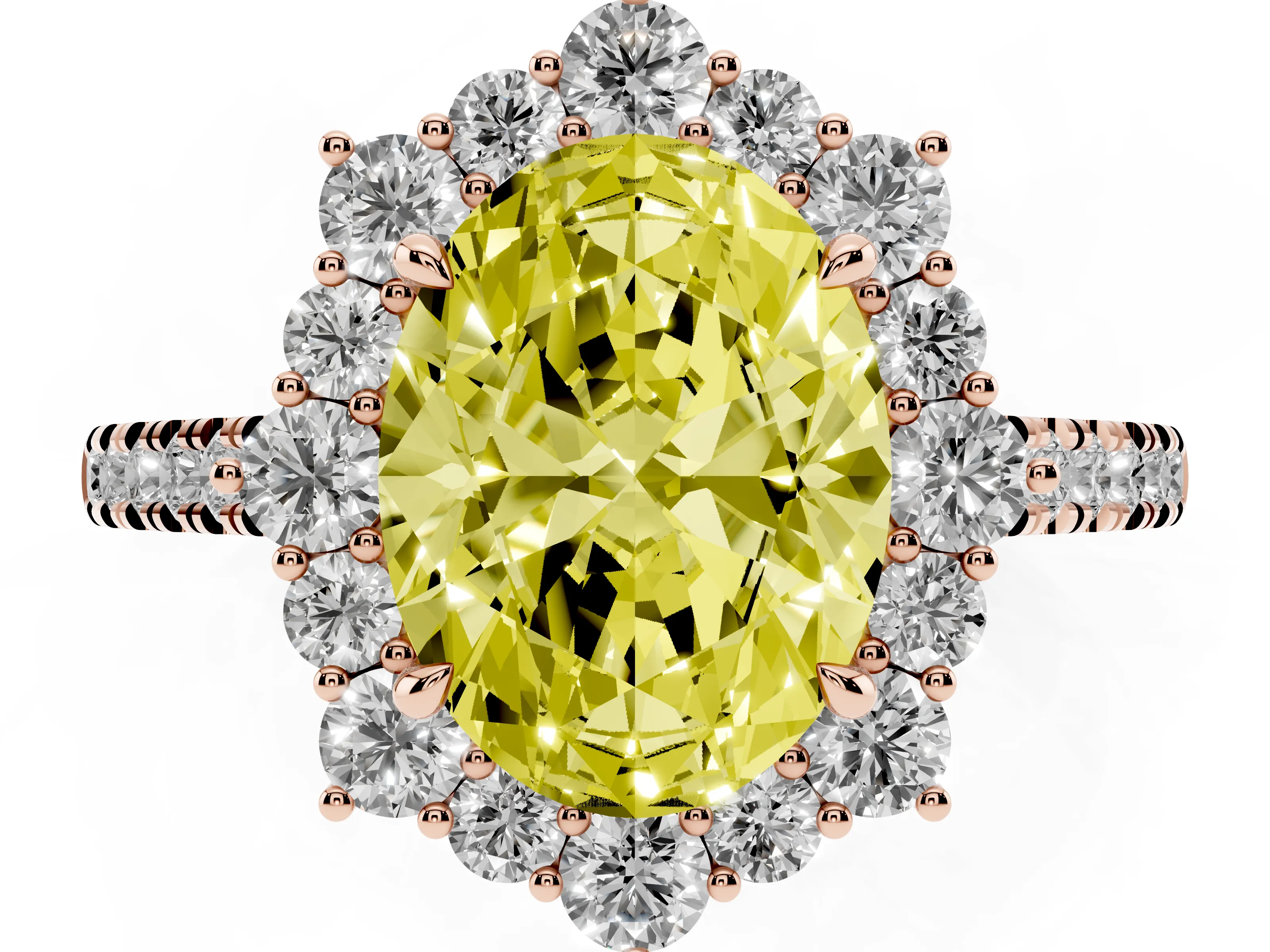 Fancy Yellow Oval Cut Diamond Halo Ring Set in Rose gold with Pavé Band and Prong Setting