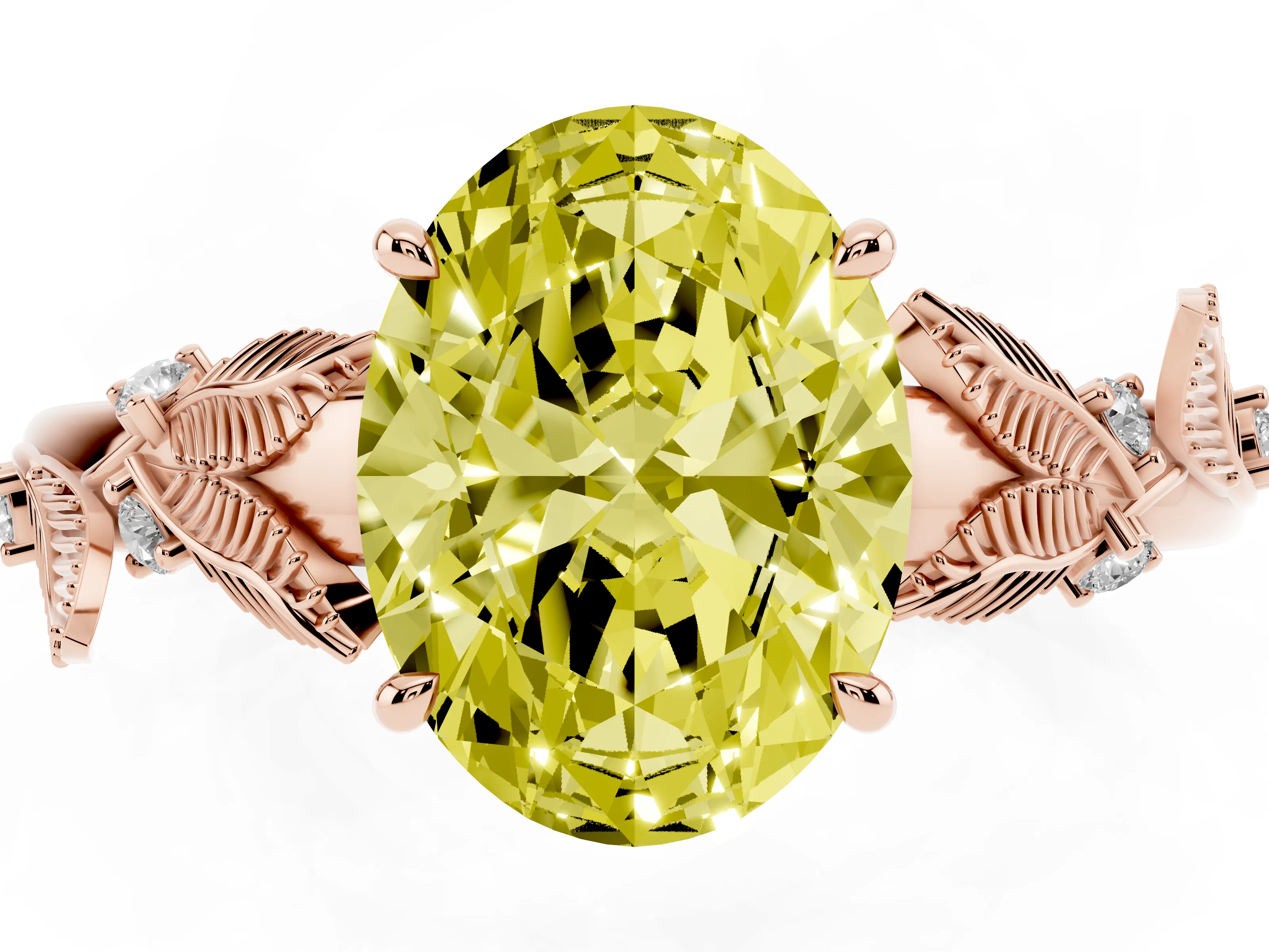 Fancy Yellow Oval Cut Diamond Solitaire Ring Set in Rose gold with Leaf Motif Band