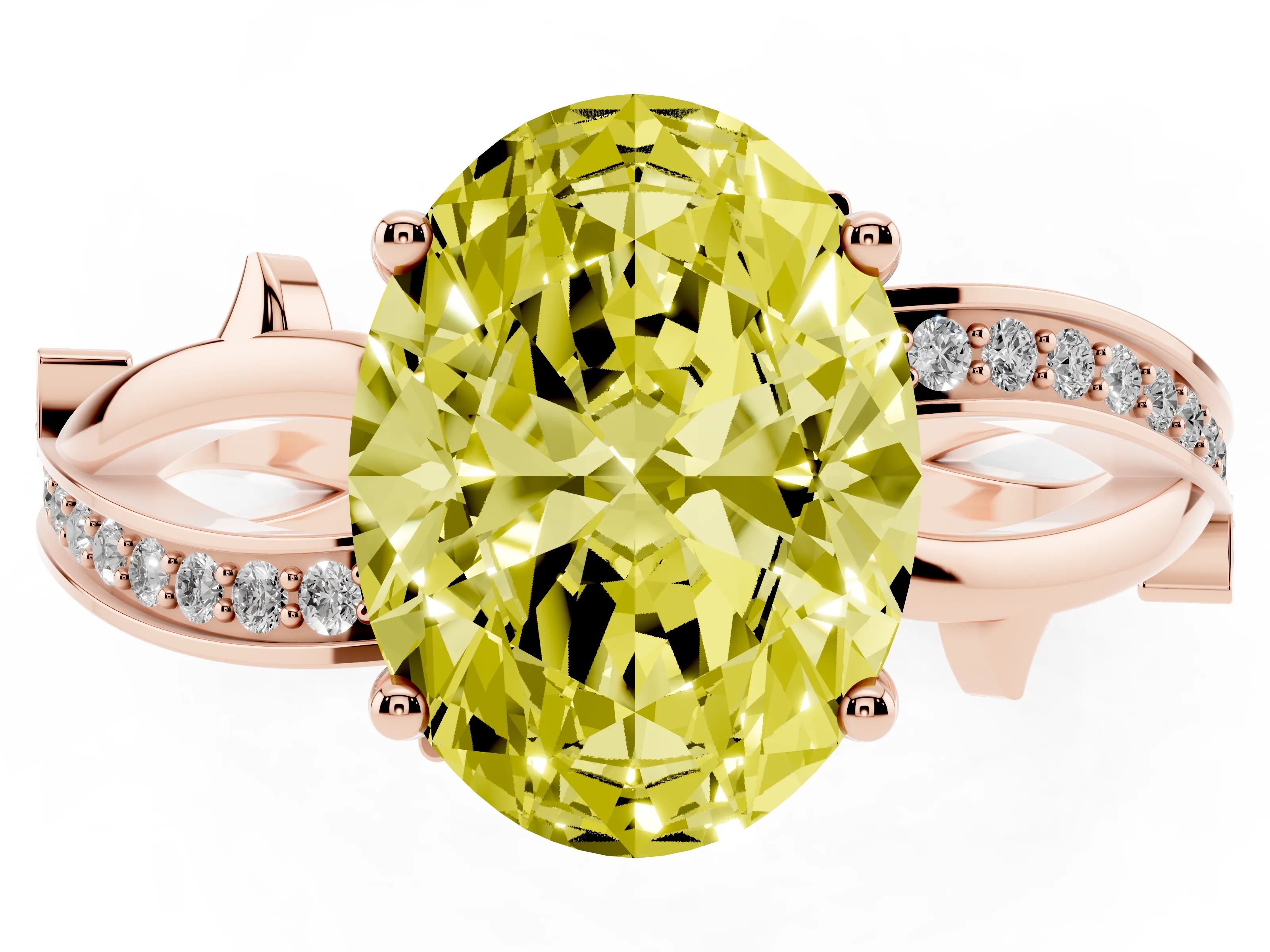 Fancy Yellow Oval Cut Diamond Pavé Twist Band Solitaire Ring Set in Rose gold with Prong Setting