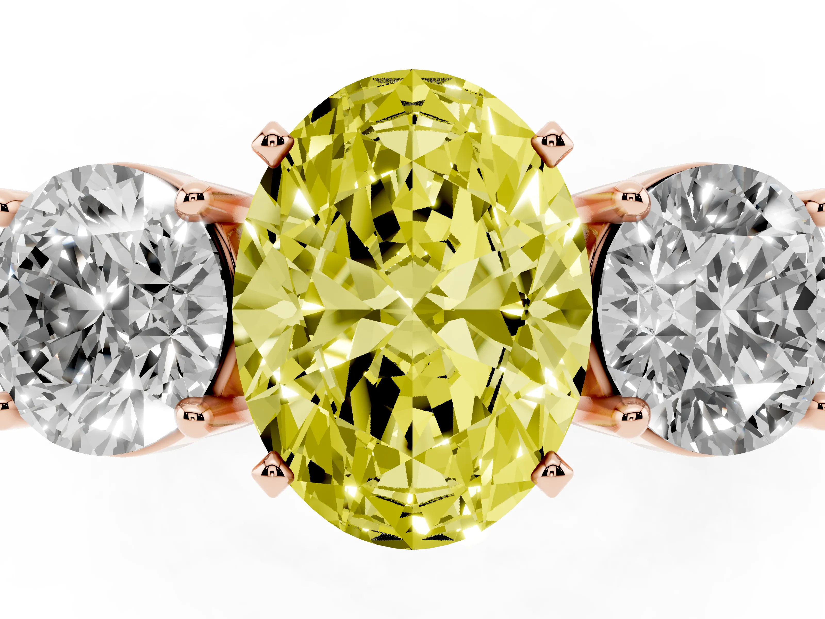 Fancy Yellow Oval Cut Diamond Three-Stone Ring Set in Rose gold with Round Side Stones and Classic Band