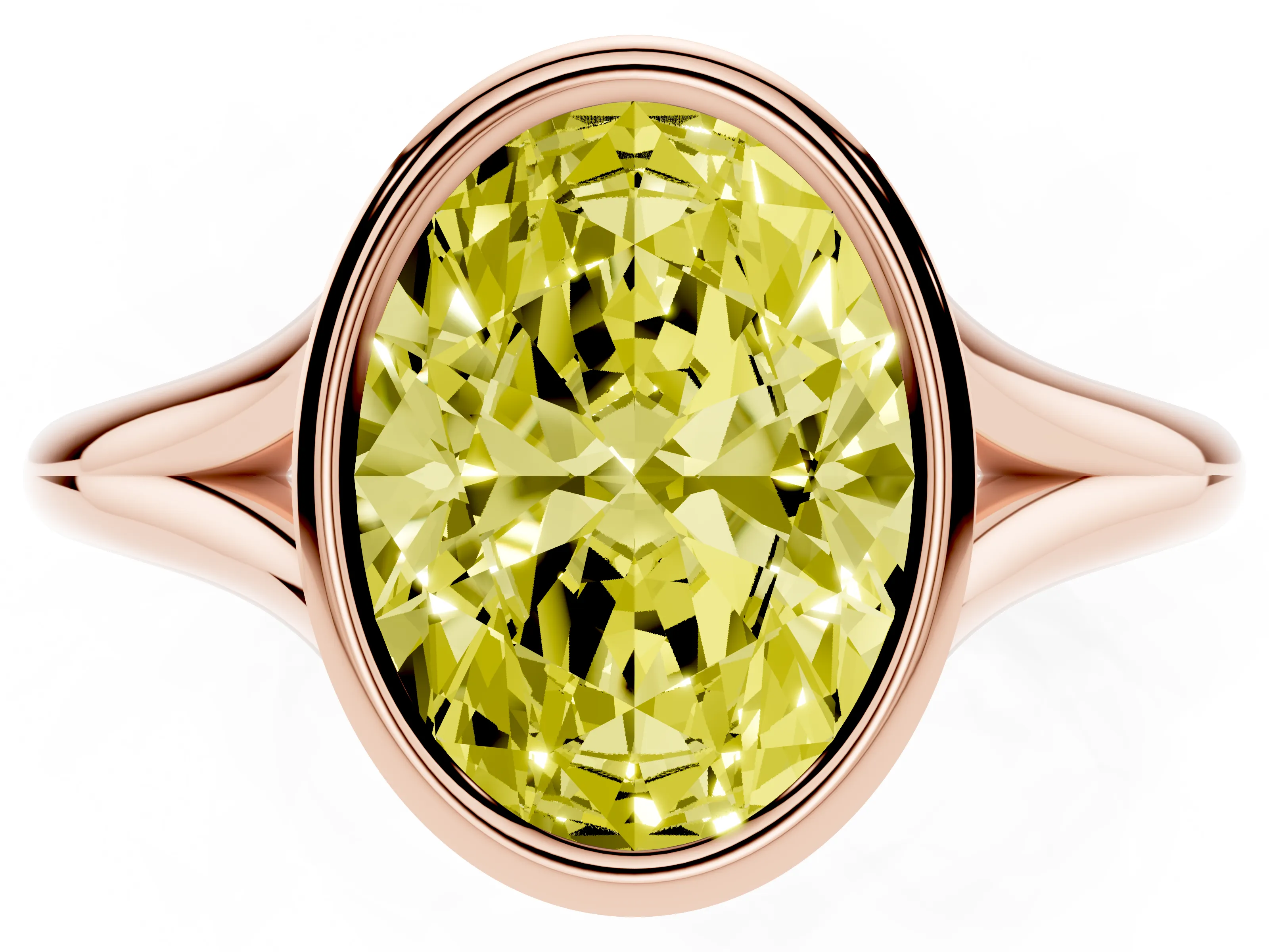 Fancy Yellow Bezel Set Oval Cut Diamond Solitaire Ring Set in Rose gold with Tapered Band