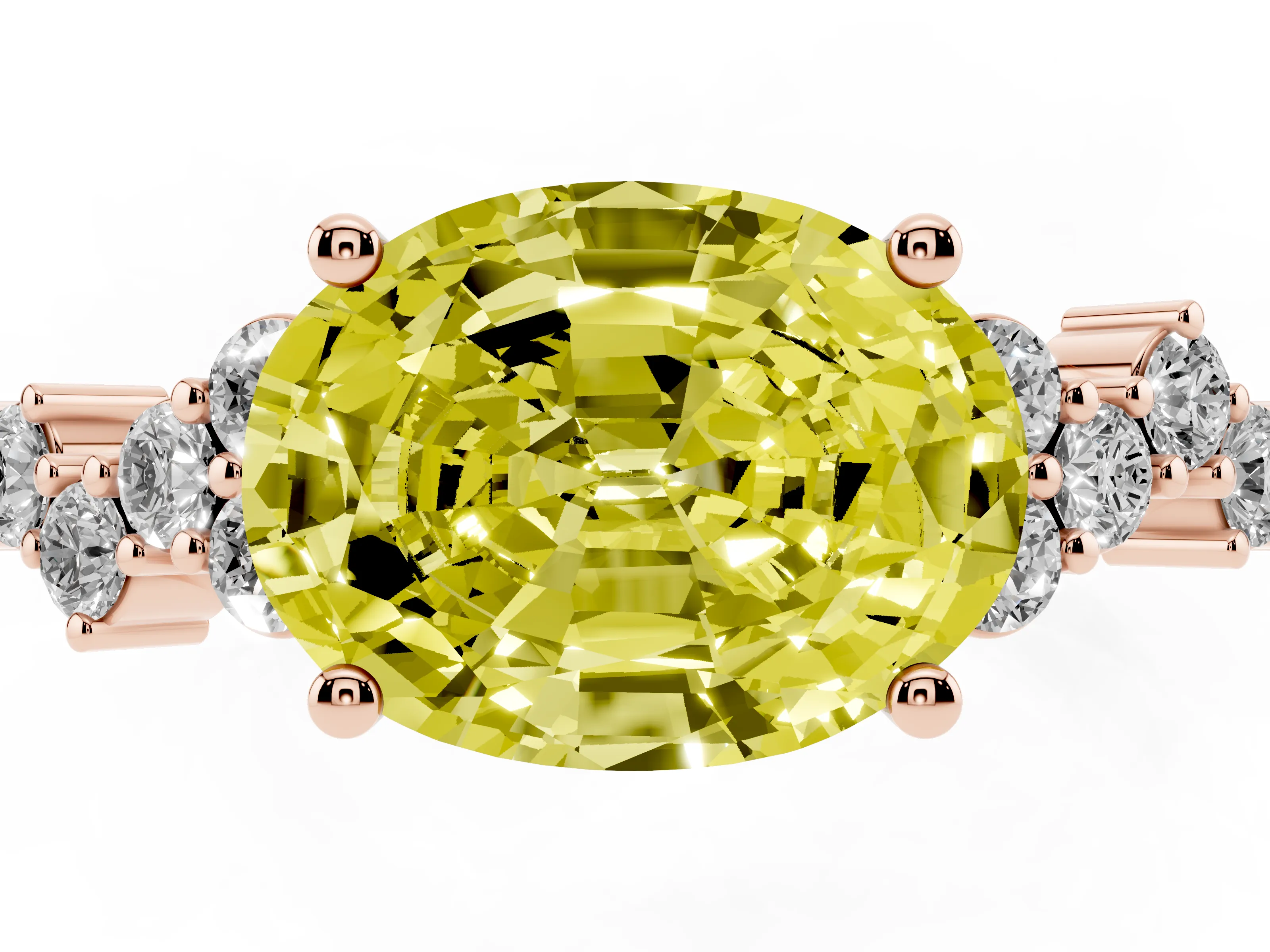 Fancy Yellow Oval Cut Diamond Ring Set in Rose gold with Scattered Round Accents
