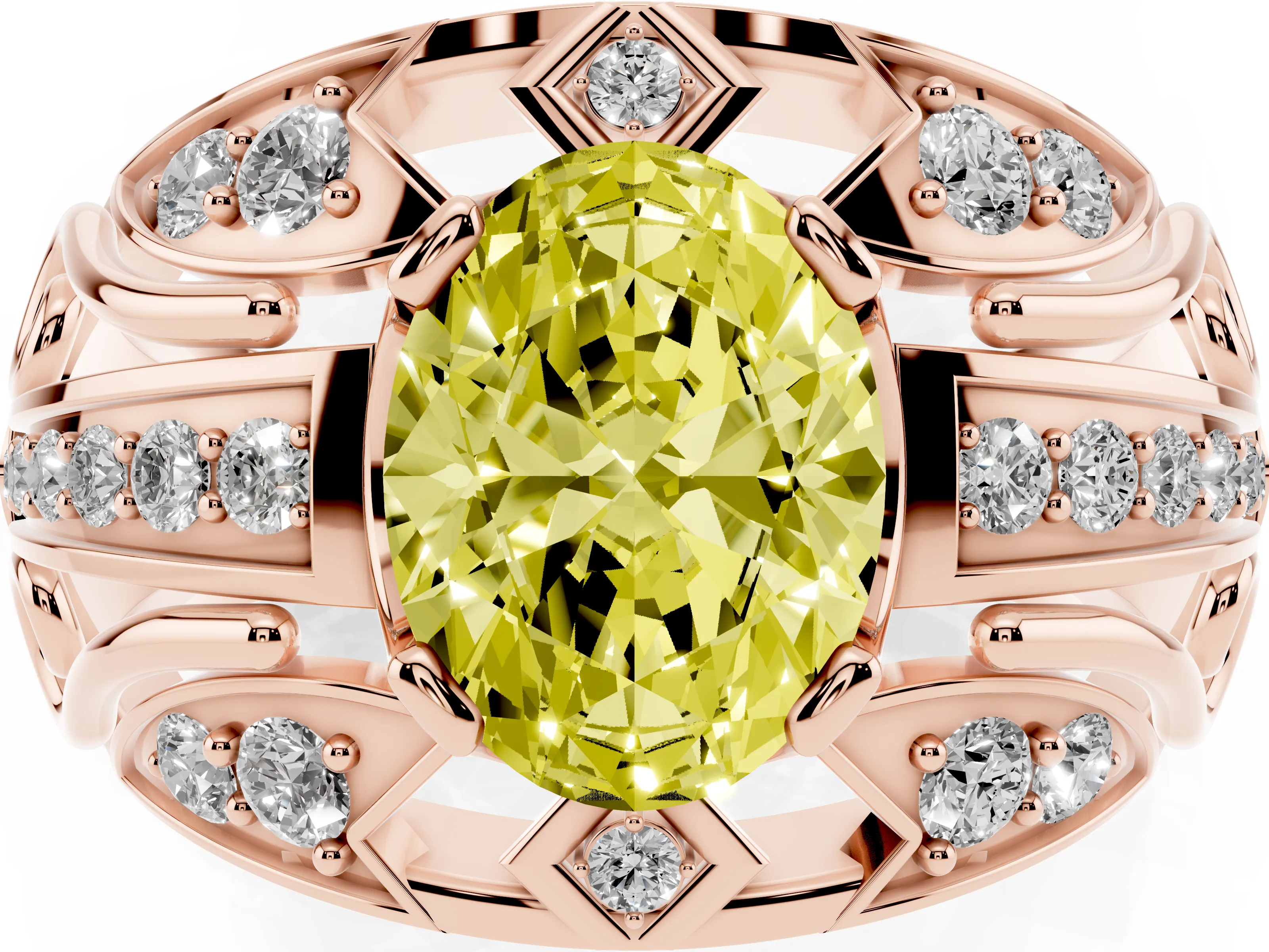 Fancy Yellow Oval Cut Diamond Art Deco Ring Set in Rose gold with Pavé Split Shank
