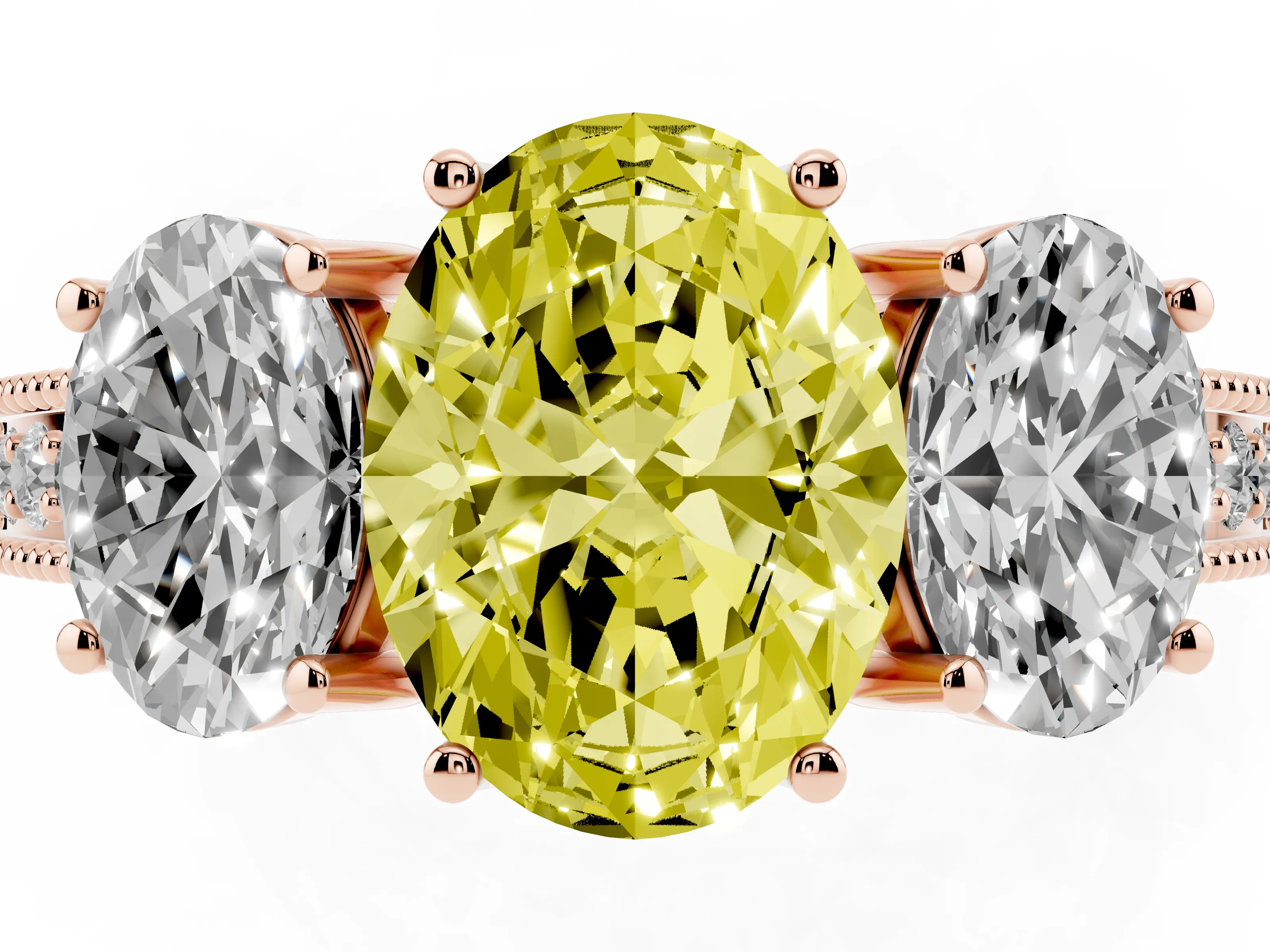 Fancy Yellow Oval Cut Diamond Three-Stone Engagement Ring Set in Rose gold with Milgrain Pavé Band