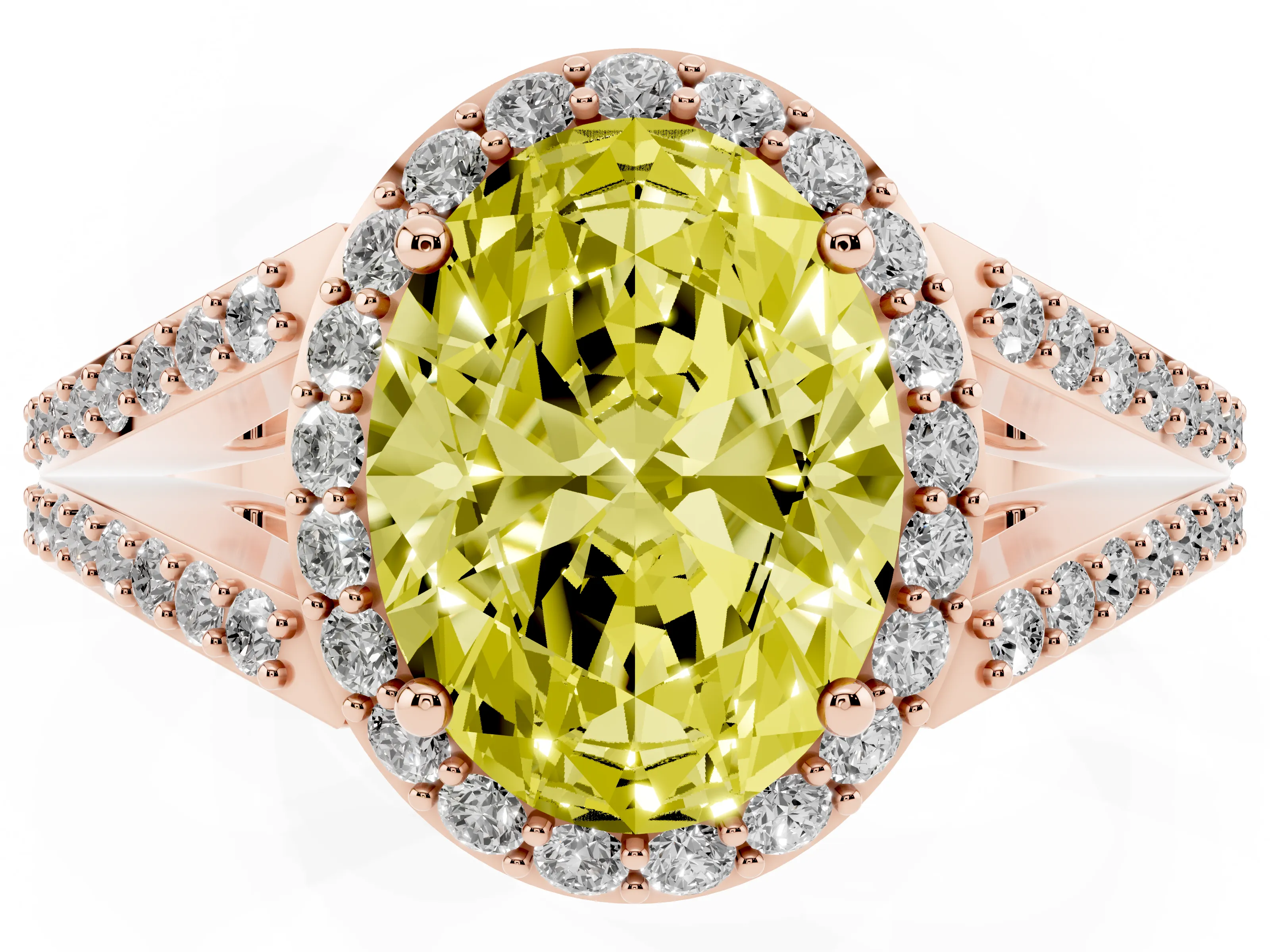 Fancy Yellow Oval Cut Diamond Halo Split Shank Ring Set in Rose gold with Accent Stones and Prong Setting