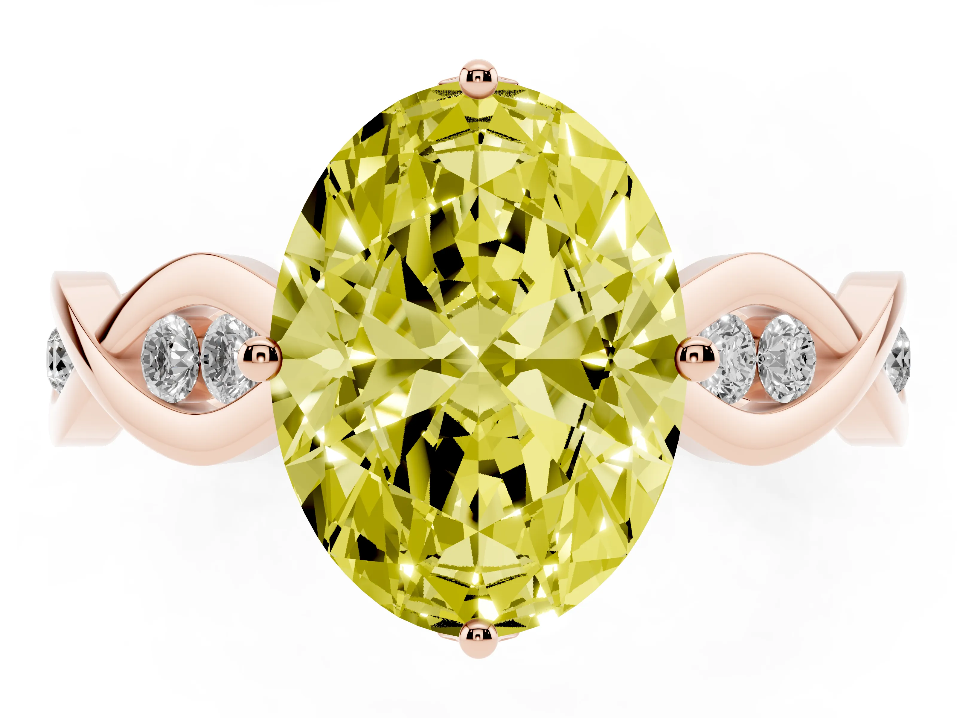 Fancy Yellow Oval Cut Diamond Twist Band Solitaire Ring Set in Rose gold with Leaf Prong Setting and Accent Stones