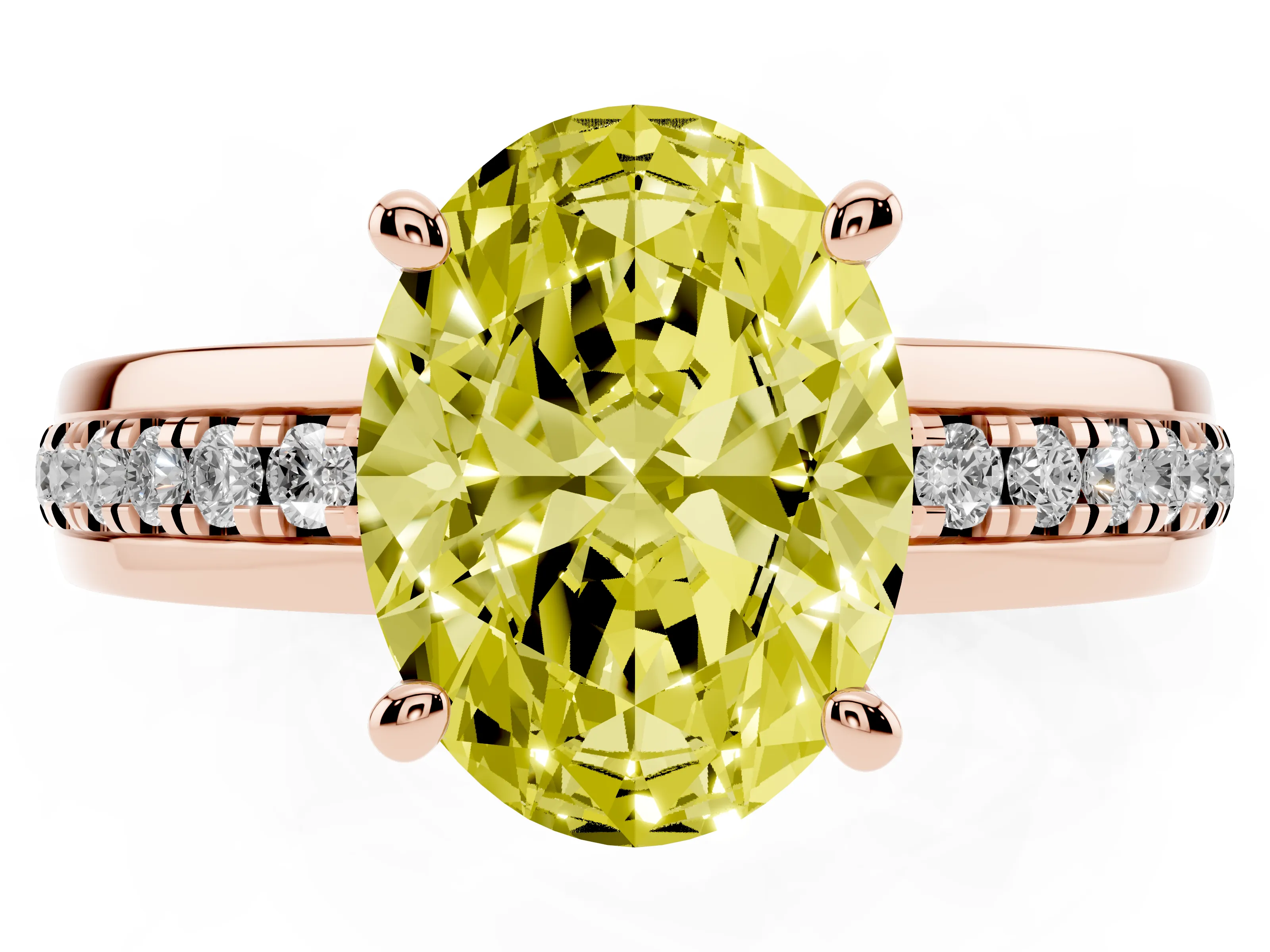 Fancy Yellow Oval Cut Diamond Solitaire Ring Set in Rose gold with Channel Set Band and Prong Setting