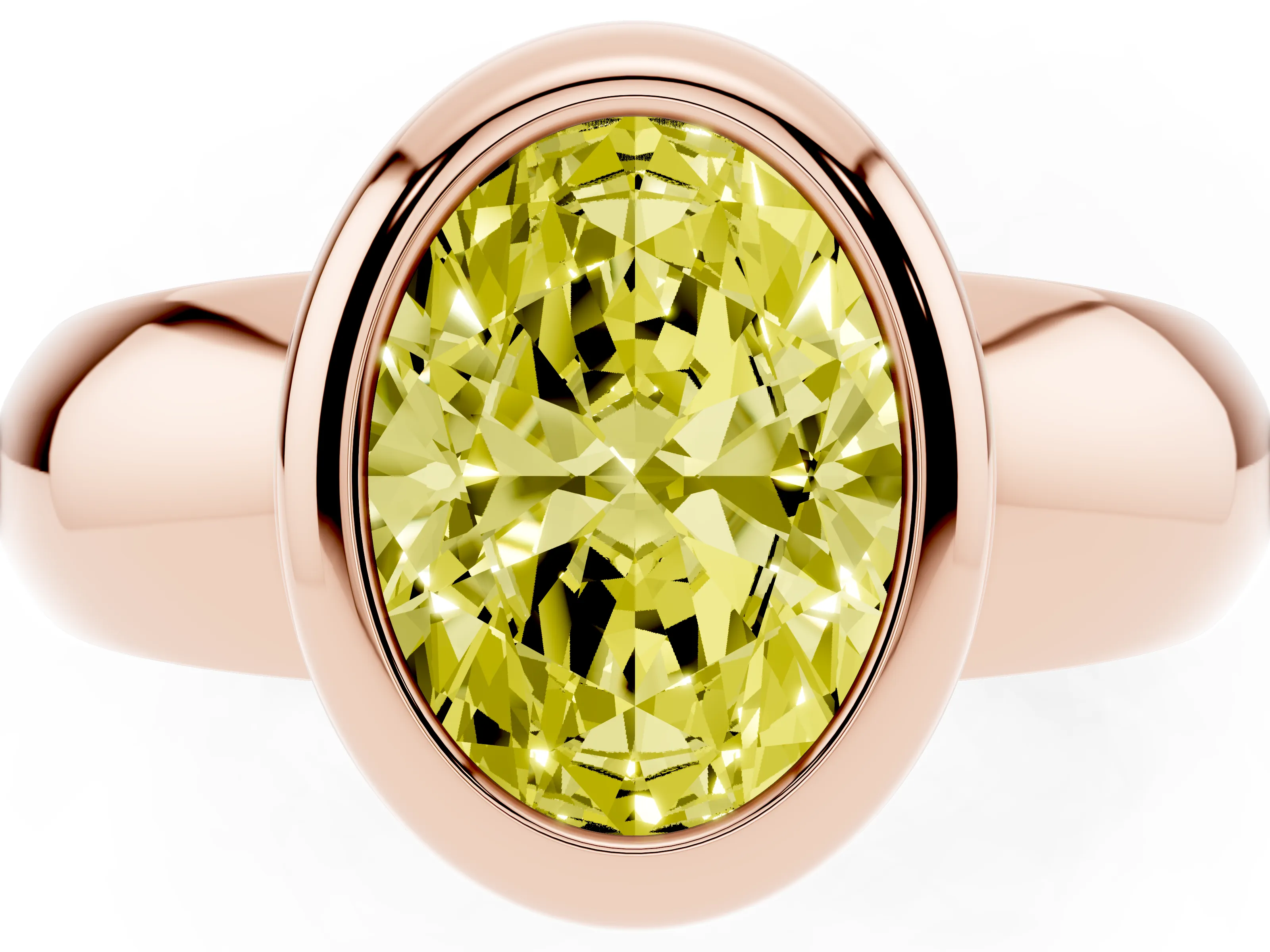 Fancy Yellow Bezel Set Oval Cut Diamond Solitaire Ring Set in Rose gold with Wide Band