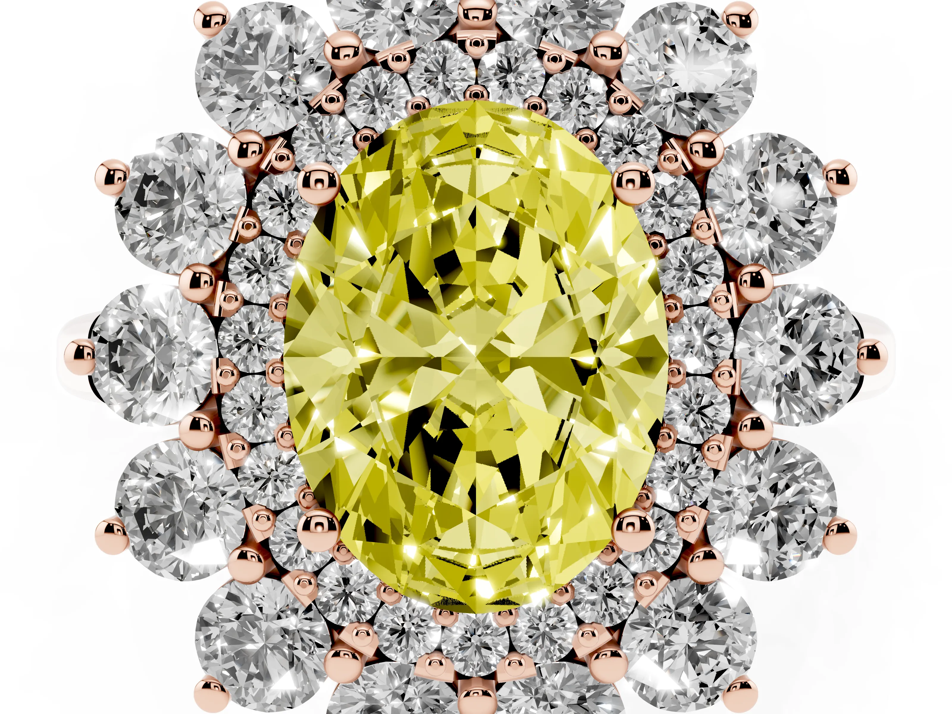 Fancy Yellow Oval Cut Diamond Floral Double Halo Ring Set in Rose gold with Round Petals